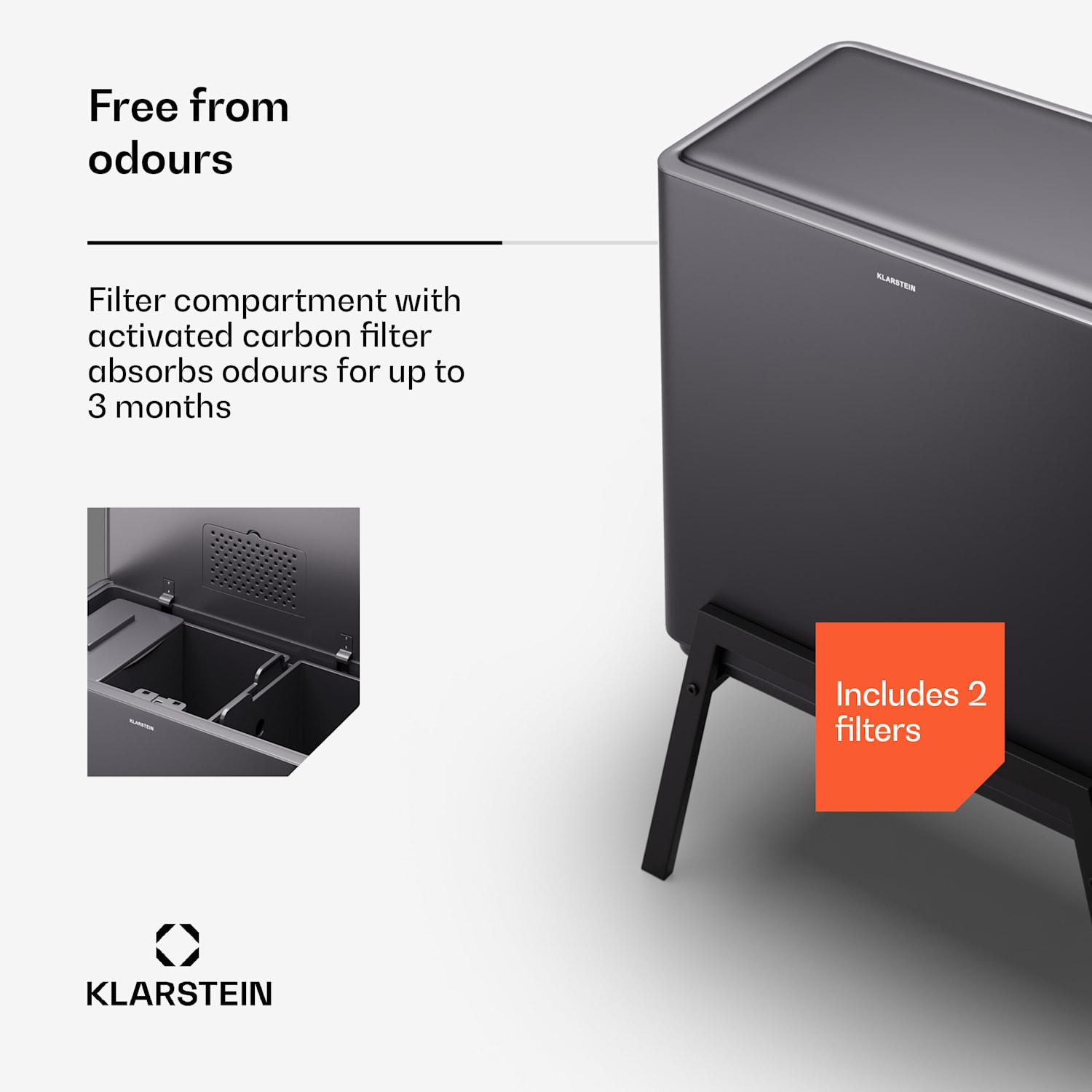 Yuma afvalbak 40 L incl. compostemmer met pootjes geurfilter 40 ltr | Zwart