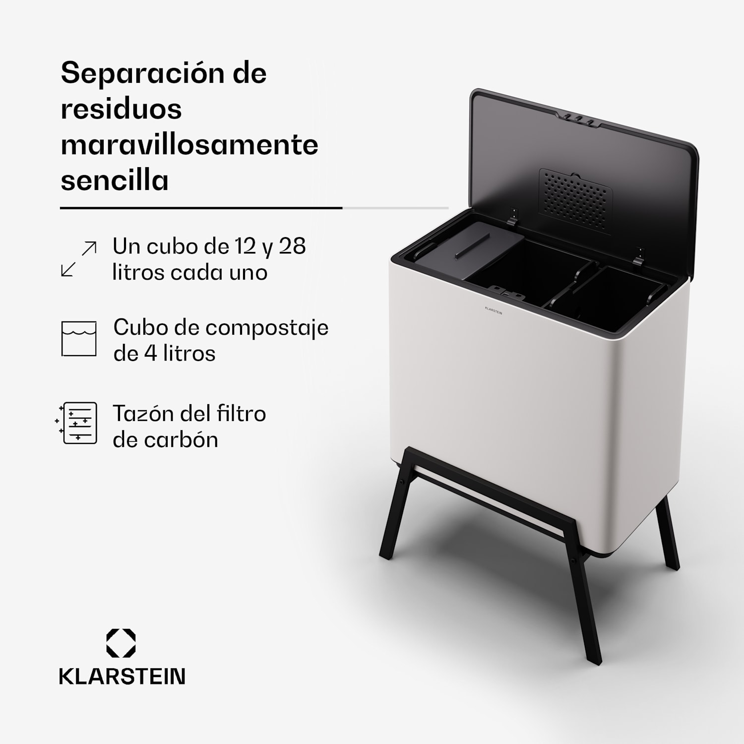 Cubo de basura Yuma 40 L incl. cubo de compost con patas Filtro de olores 40 L | Blanco