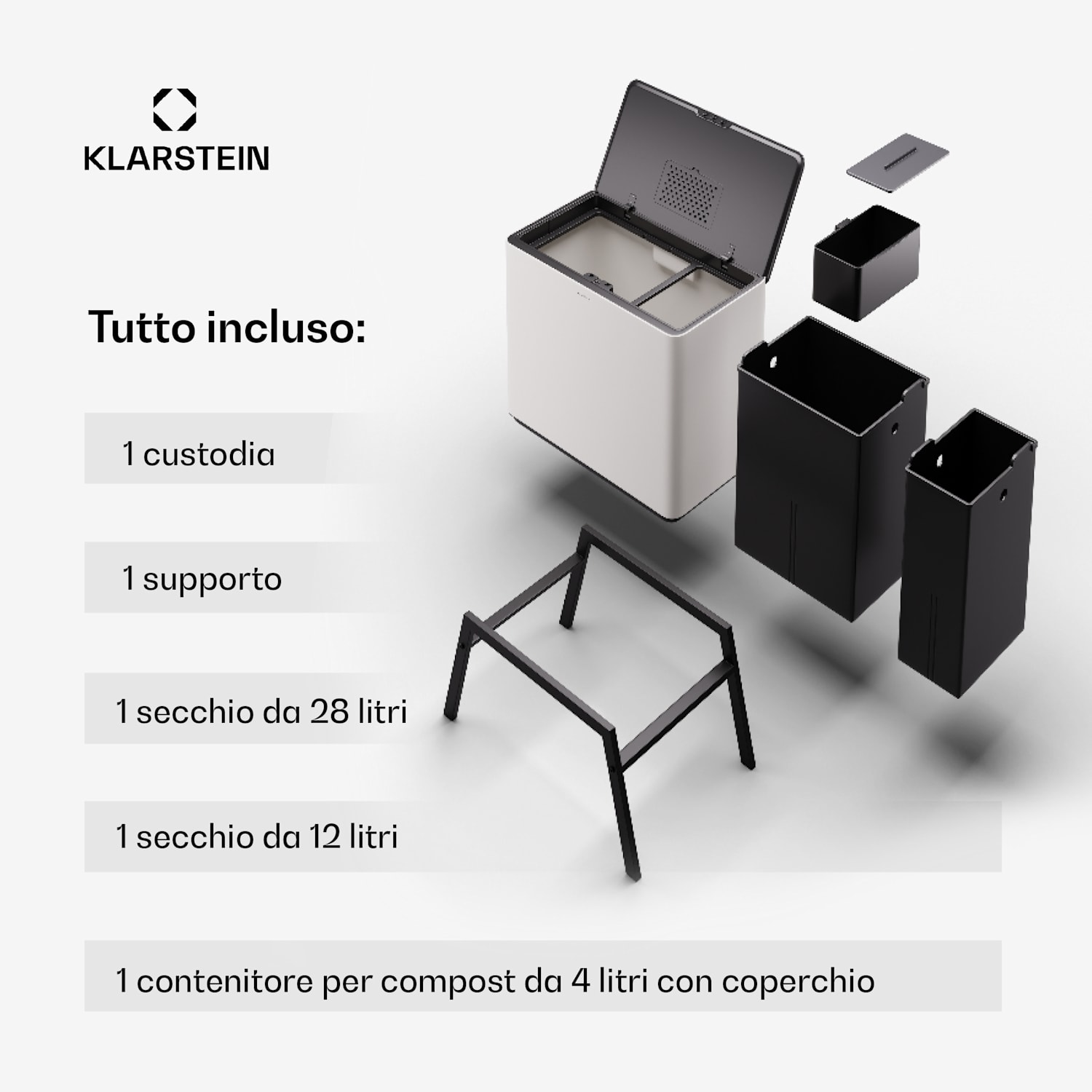 Yuma - Cestino dei rifiuti da 40 L, incluso il contenitore per il compost, con gambe d'appoggio, filtro antiodore 40 Ltr | Bianco