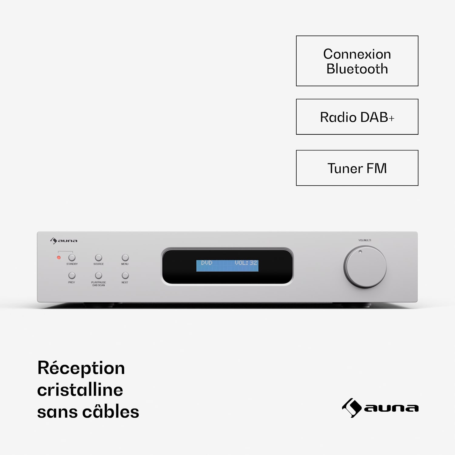 Art22 amplifier DAB+ BT hifi versterker DAB+/ FM radio 2 x 60 W optische + coaxiale ingang afstandsbediening bluetooth REC-out.  Wit / Zilver Metallic