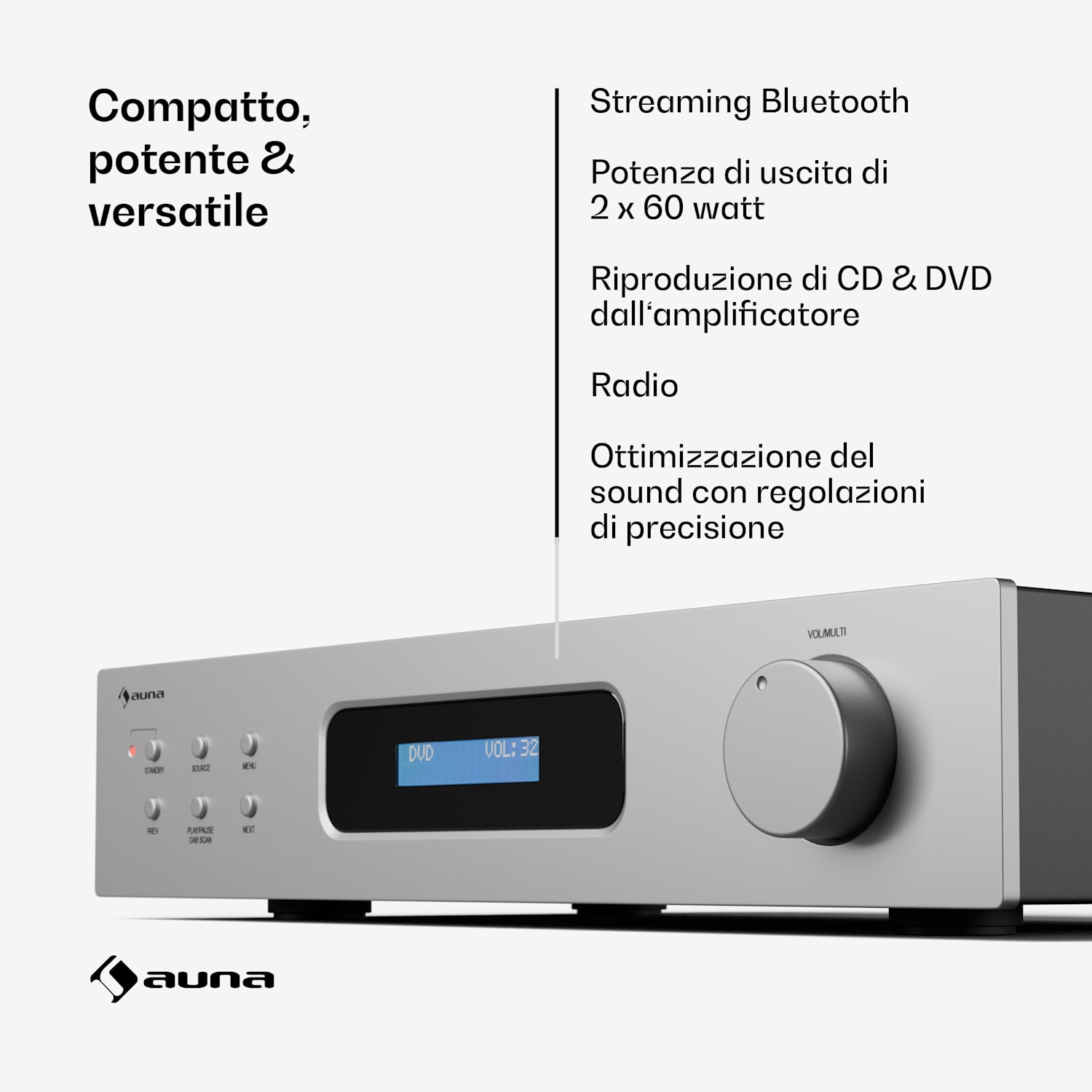 Art22 - Amplificatore DAB+ BT, amplificatore HiFi, radio DAB+/FM, 2 x 60 W, ingressi ottico + coassiale, telecomando, Bluetooth, REC-Out  Bianco / Argento metallizzato