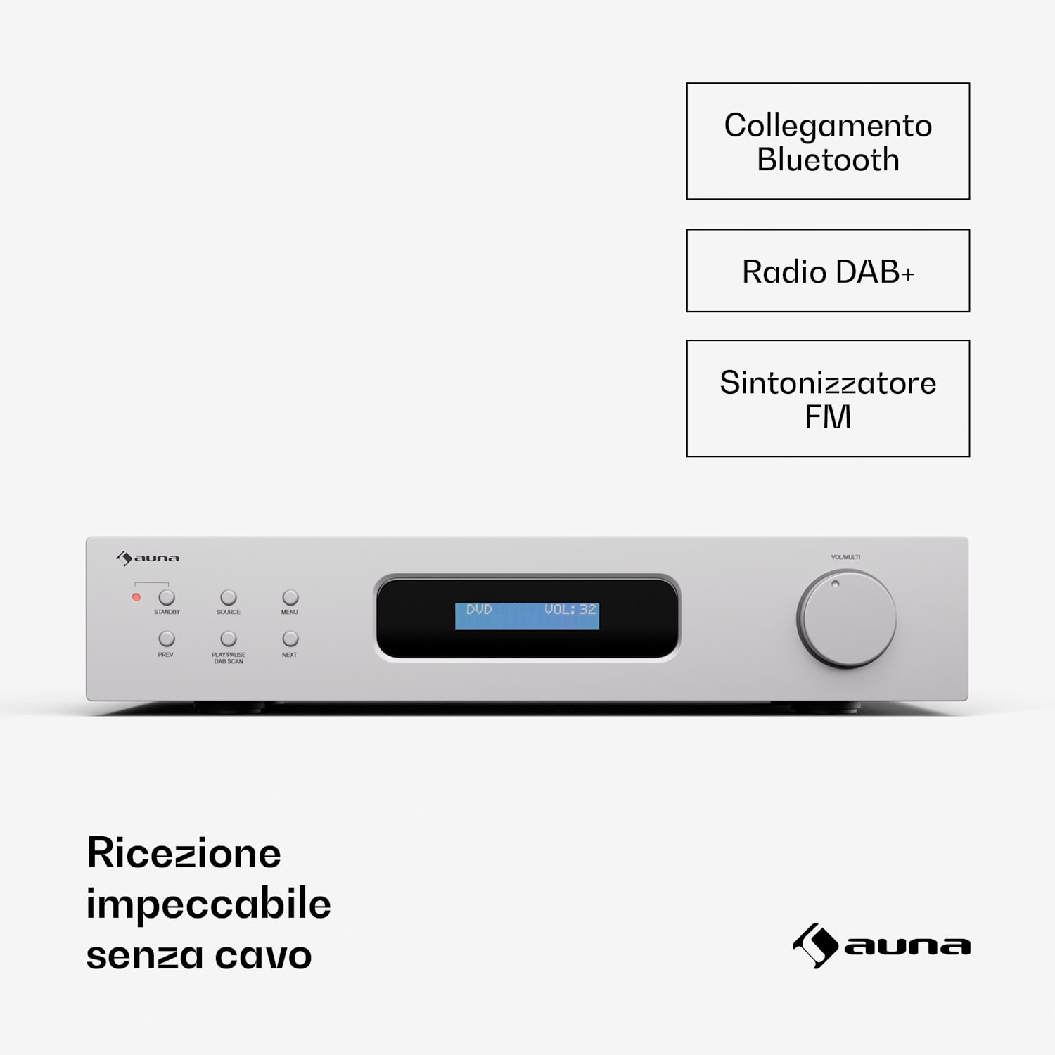 Art22 - Amplificatore DAB+ BT, amplificatore HiFi, radio DAB+/FM, 2 x 60 W, ingressi ottico + coassiale, telecomando, Bluetooth, REC-Out  Bianco / Argento metallizzato