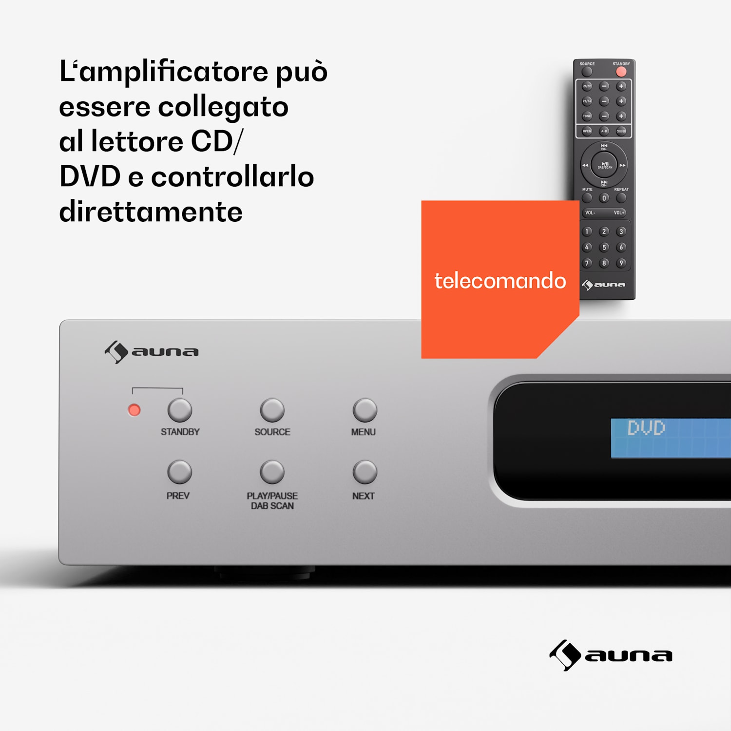 Art22 - Amplificatore DAB+ BT, amplificatore HiFi, radio DAB+/FM, 2 x 60 W, ingressi ottico + coassiale, telecomando, Bluetooth, REC-Out  Bianco / Argento metallizzato