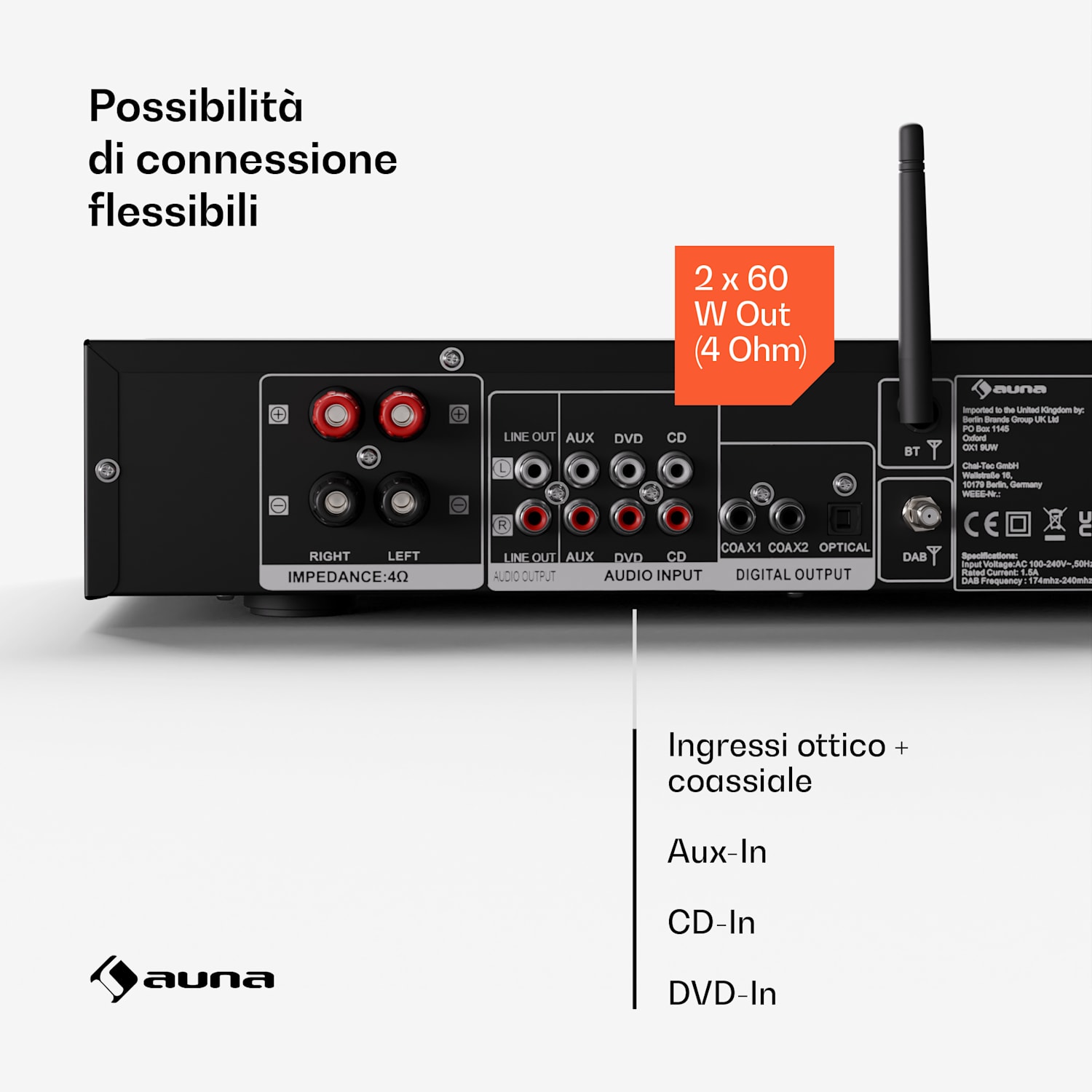 Art22 - Amplificatore DAB+ BT, amplificatore HiFi, radio DAB+/FM, 2 x 60 W, ingressi ottico + coassiale, telecomando, Bluetooth, REC-Out  Bianco / Argento metallizzato