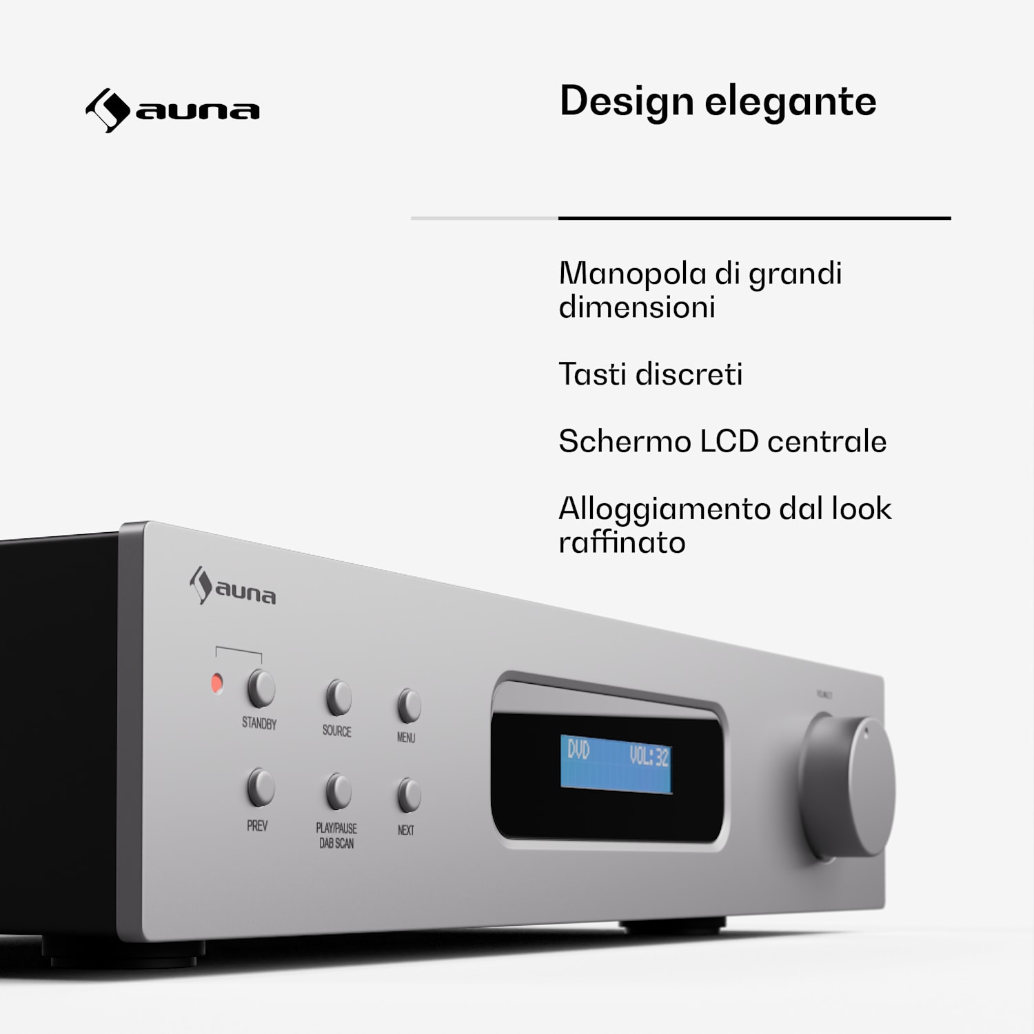 Art22 - Amplificatore DAB+ BT, amplificatore HiFi, radio DAB+/FM, 2 x 60 W, ingressi ottico + coassiale, telecomando, Bluetooth, REC-Out  Bianco / Argento metallizzato