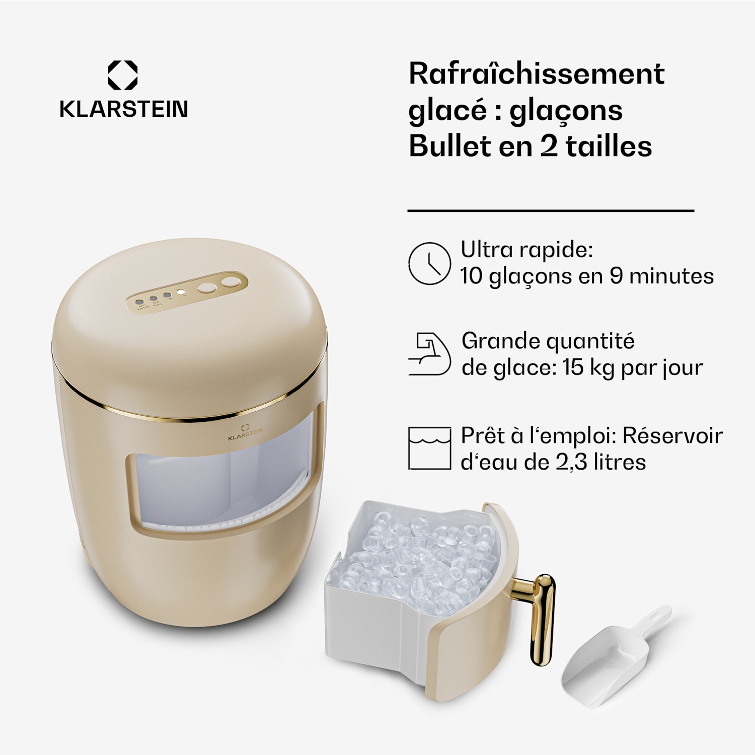 Passau ijsblokjesmachine 2 formaten 15 kg/24h auto-clean 2,3 ltr | Crème