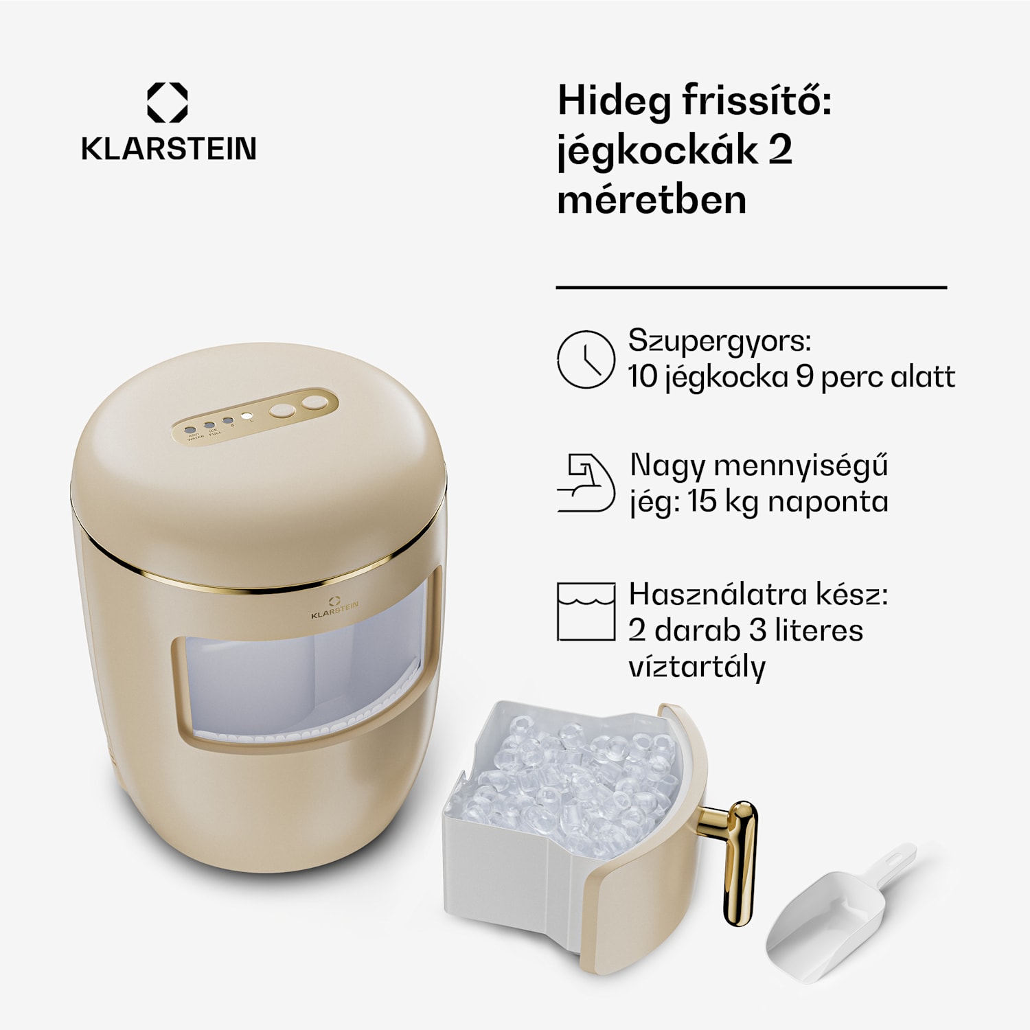 Passau, jégkocka készítő, 2 méret, 15 kg /24 h, Auto-Clean 2,3 ltr | Krém
