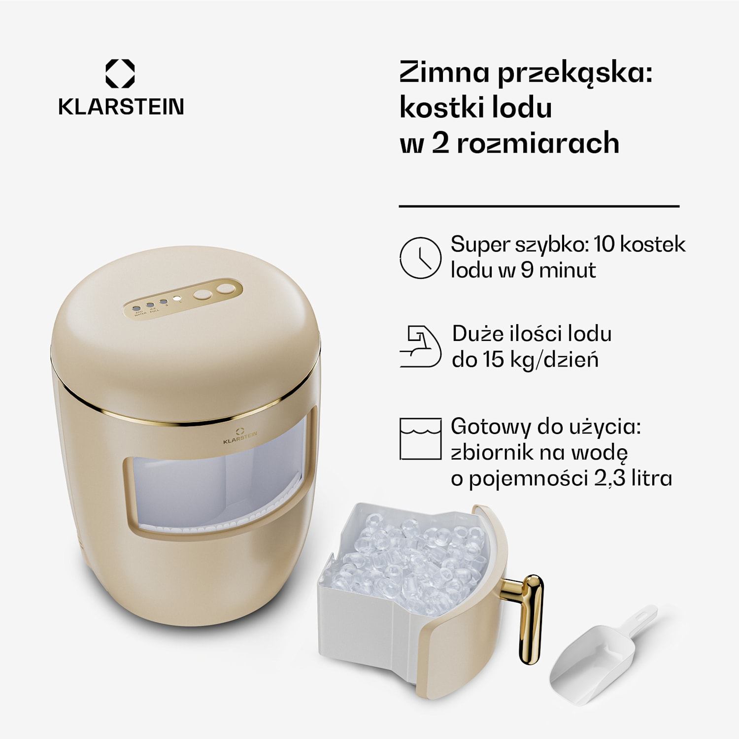 Passau, kostkarka do lodu, 2 rozmiary, 15 kg/24 h, Auto-Clean (automatyczne czyszczenie) 2,3 ltr | Kremowy
