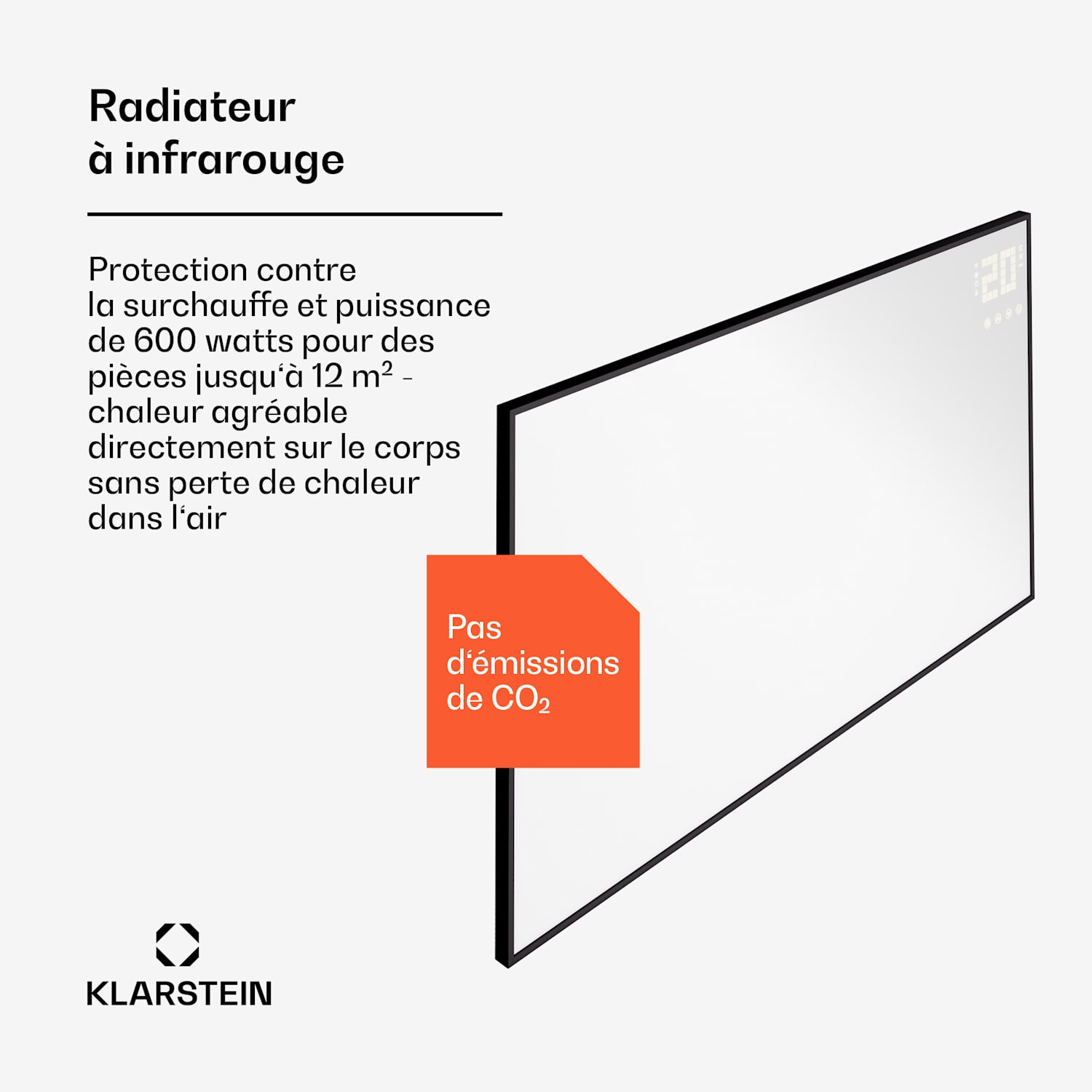 Wonderwall Smart Bornholm radiateur infrarouge 110x65 cm Application 600 W Horizontal | 600 W | Noir