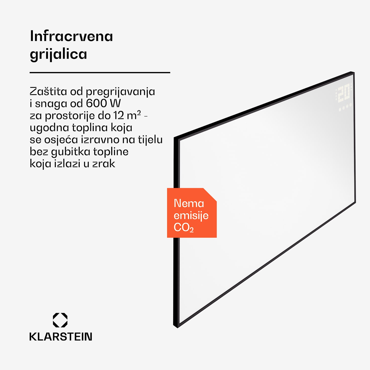 Wonderwall Smart Bornholm, infracrvena grijalica, 100 x 60 cm, 600 W, aplikacija vodoravno | 600 W | Crna