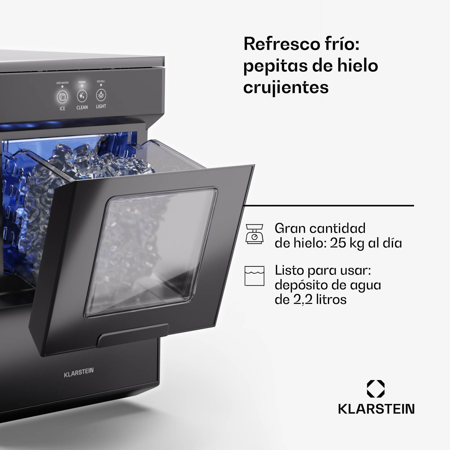 Ice Galet Máquina de cubitos de hielo 20 kg/24 h Auto-Clean Depósito de agua de 2,2 litros Negro