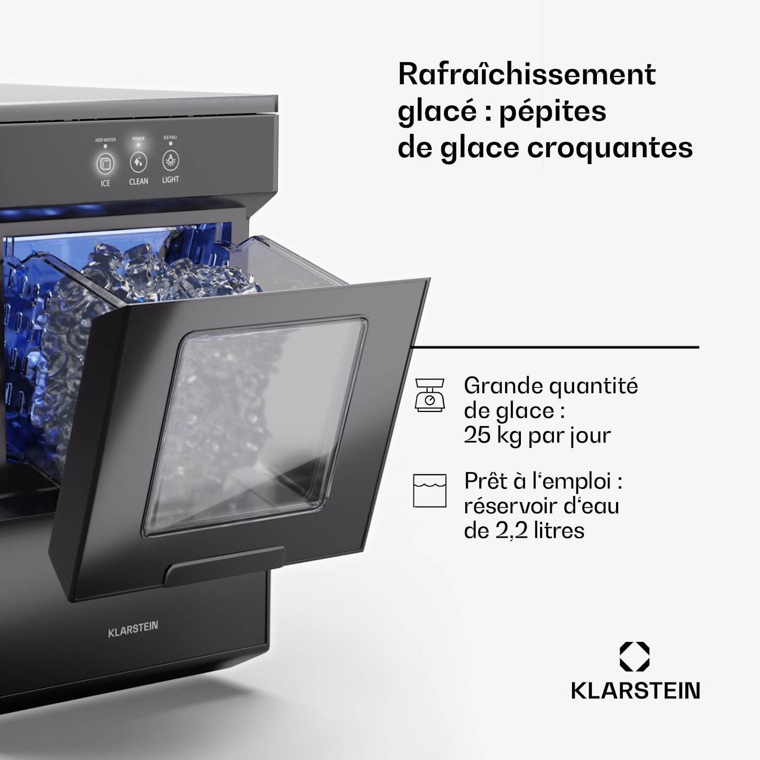 Ice Galet machine à pépites de glace 20 kg/24 h Auto-Clean réservoir d'eau 2,2 litres Noir