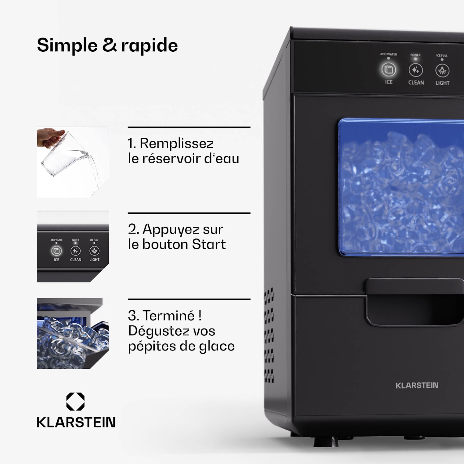 Ice Galet machine à pépites de glace 20 kg/24 h Auto-Clean réservoir d'eau 2,2 litres Noir