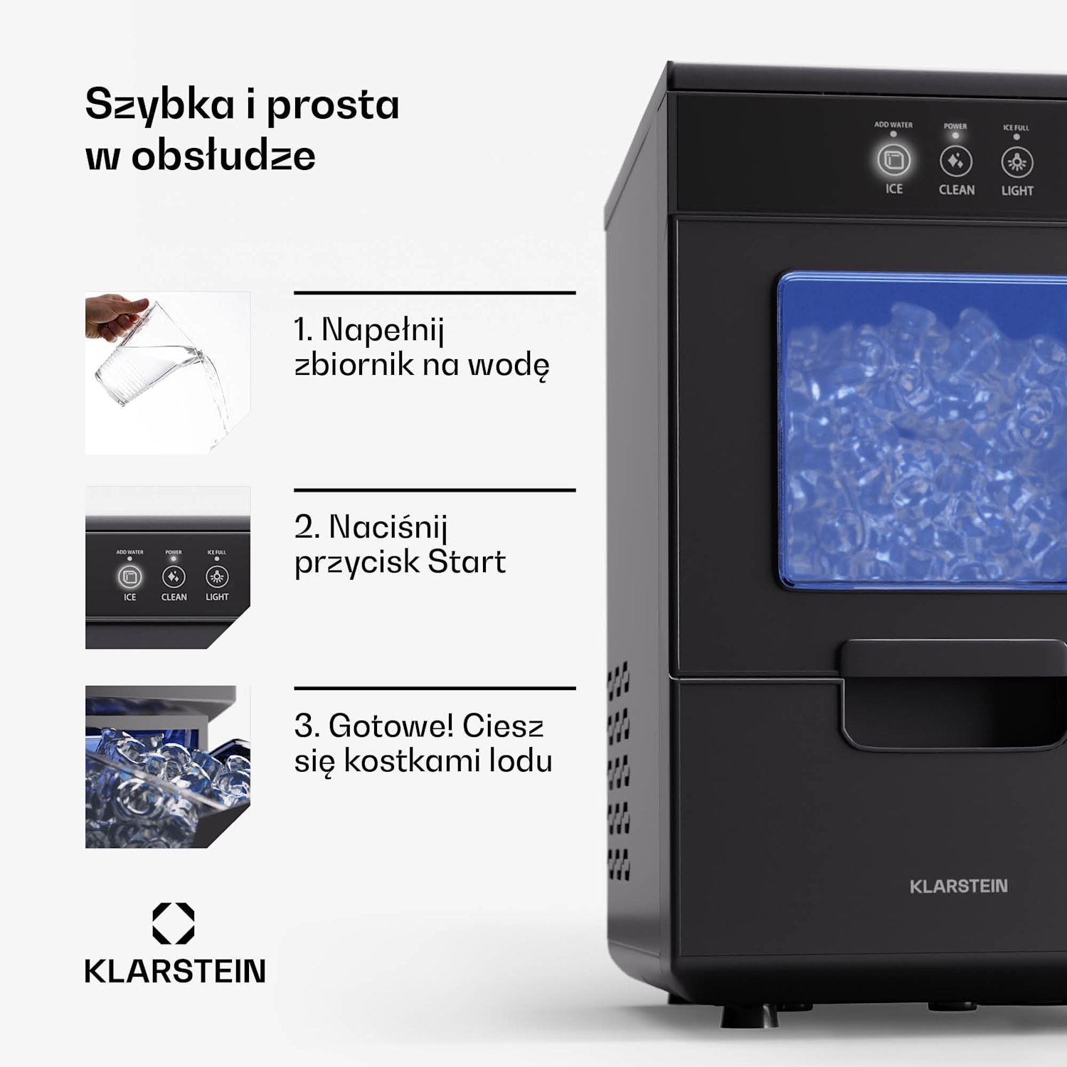 Ice Galet, kostkarka do lodu, 20 kg/24 h, automatyczne czyszczenie, zbiornik na wodę 2,2 l Czarny