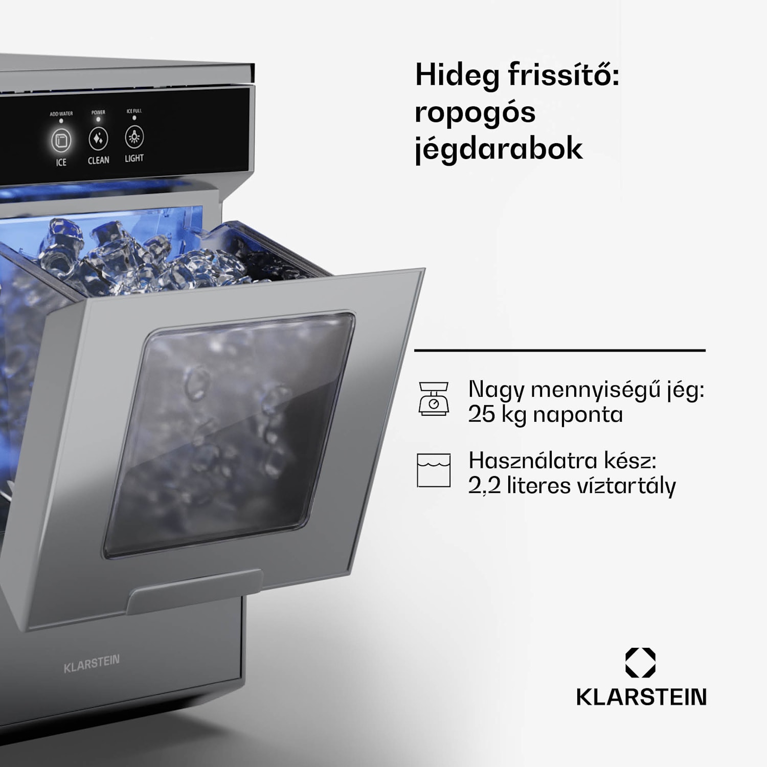 Ice Galet, darabos jég készítő, 20 kg/24 ó, Auto-Clean, 2,2 literes víztartály Rozsdamentes acél