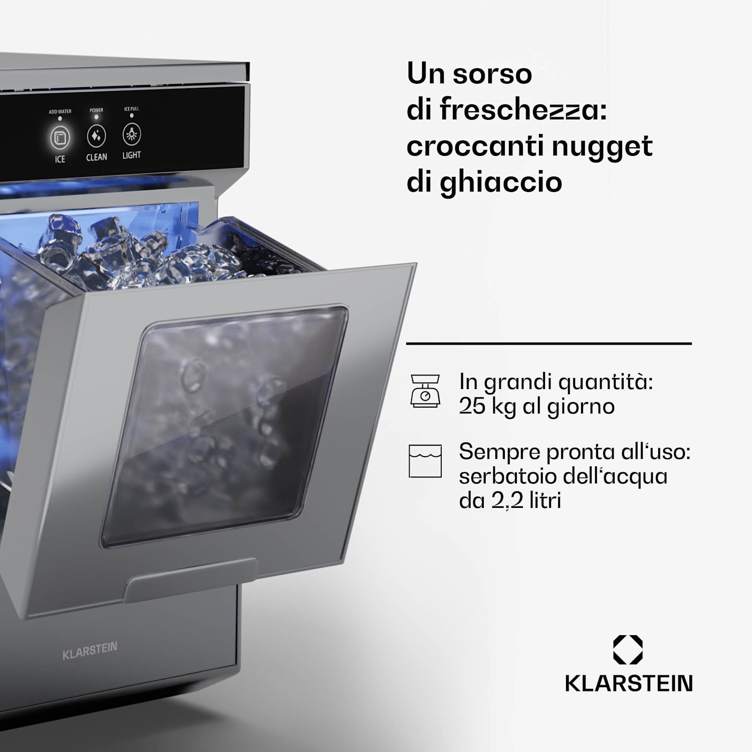 Ice Galet - Macchina per nugget di ghiaccio, 20 kg/24 ore, autopulente, serbatoio da 2,2 litri Acciaio inox