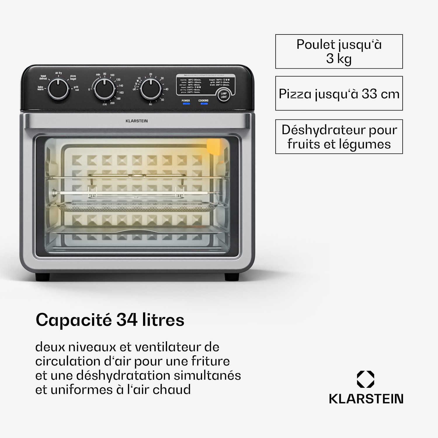 Air Glaze Friteuse à air chaud 2000 W 34 L 9 programmes Chaleur de voûte et de sole 2000 W 34 L 9 programmes Mécanique | Acier Inoxydable