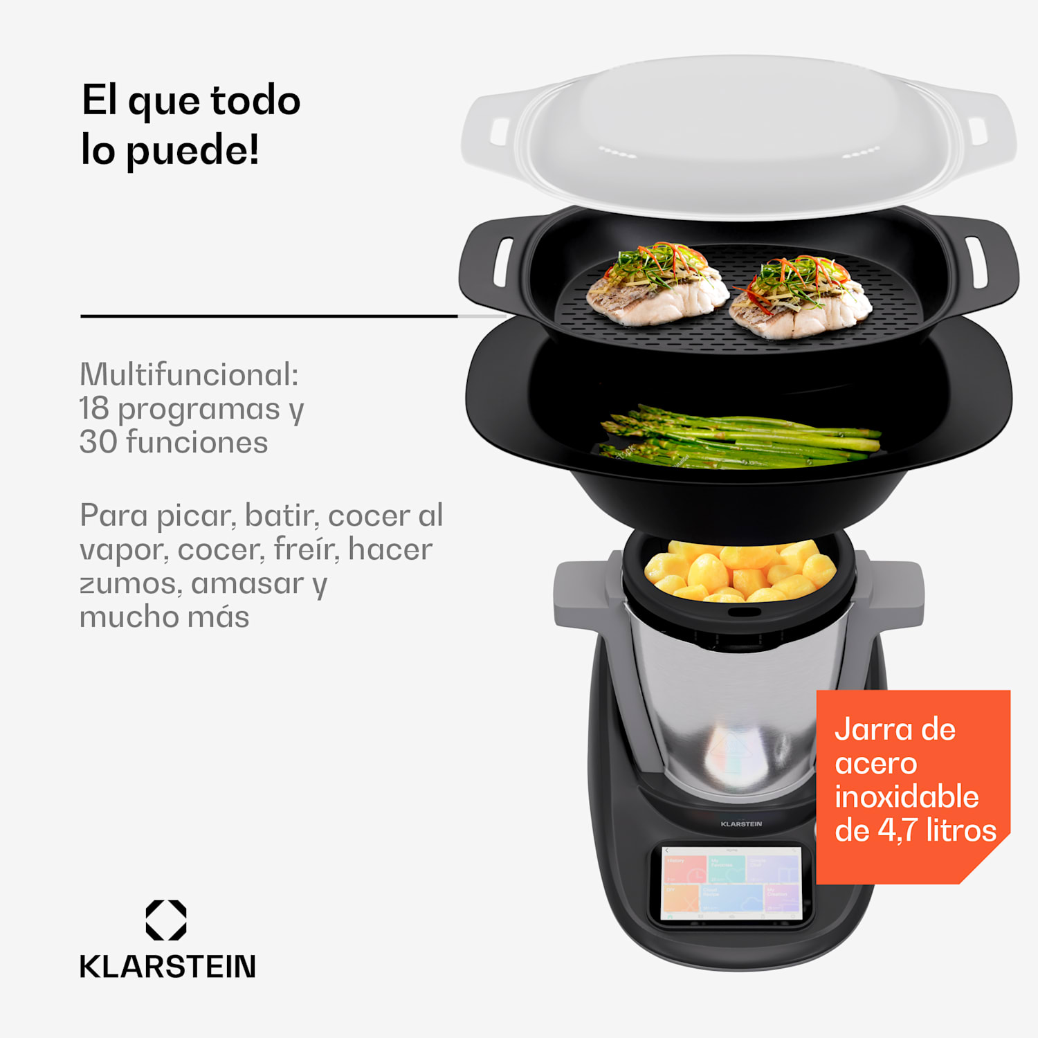 Robot de cocina Aria Select 1700 vatios 4,7 litros control por aplicación accesorio vaporizador pantalla TFT 5' 