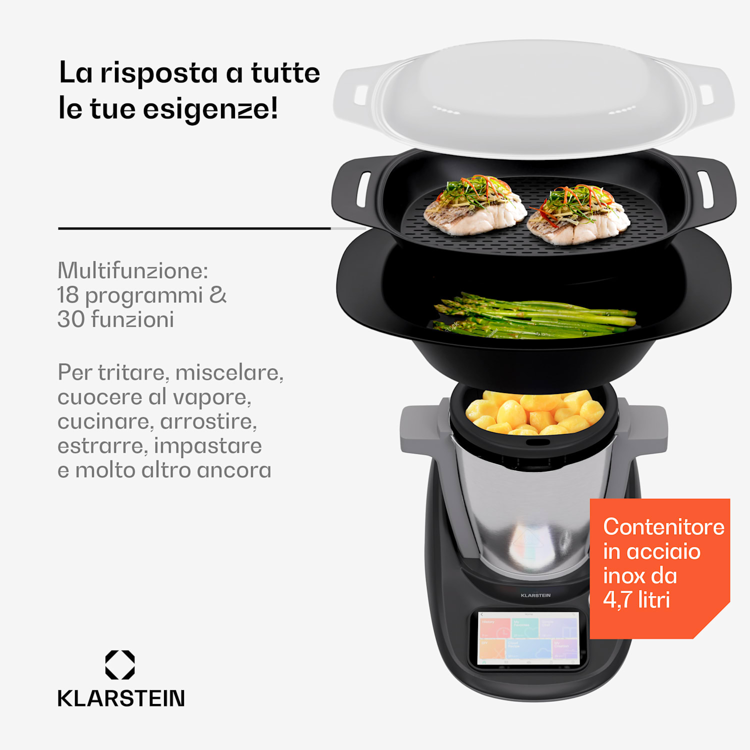 Aria Select - Robot da cucina, 1700 watt, 4,7 L, controllo tramite app, attacco per cottura al vapore, display TFT da 5" 