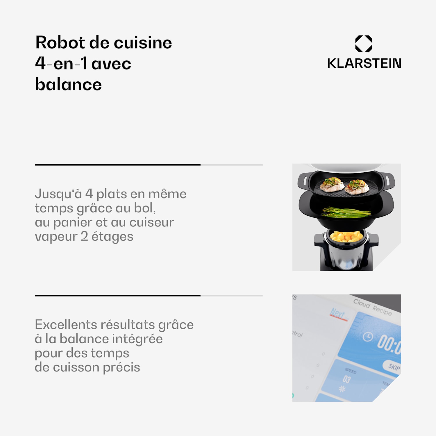 Aria Grande robot culinaire 1700 watts 4,7 L contrôle par application accessoire vapeur écran TFT 7" 
