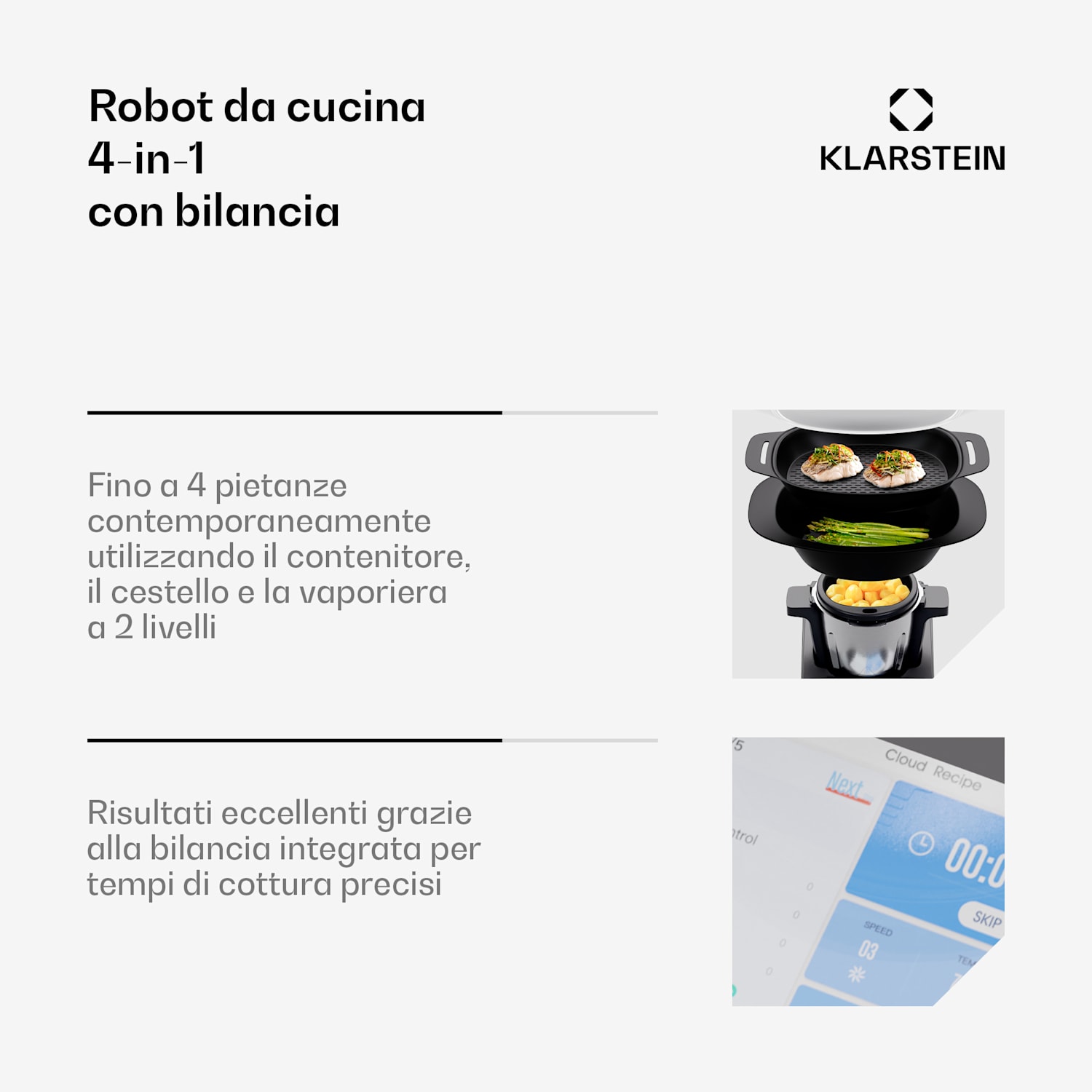 Aria Grande - Robot da cucina, 1700 watt, 4,7 L, controllo tramite app, attacco per cottura al vapore, display TFT da 7" 