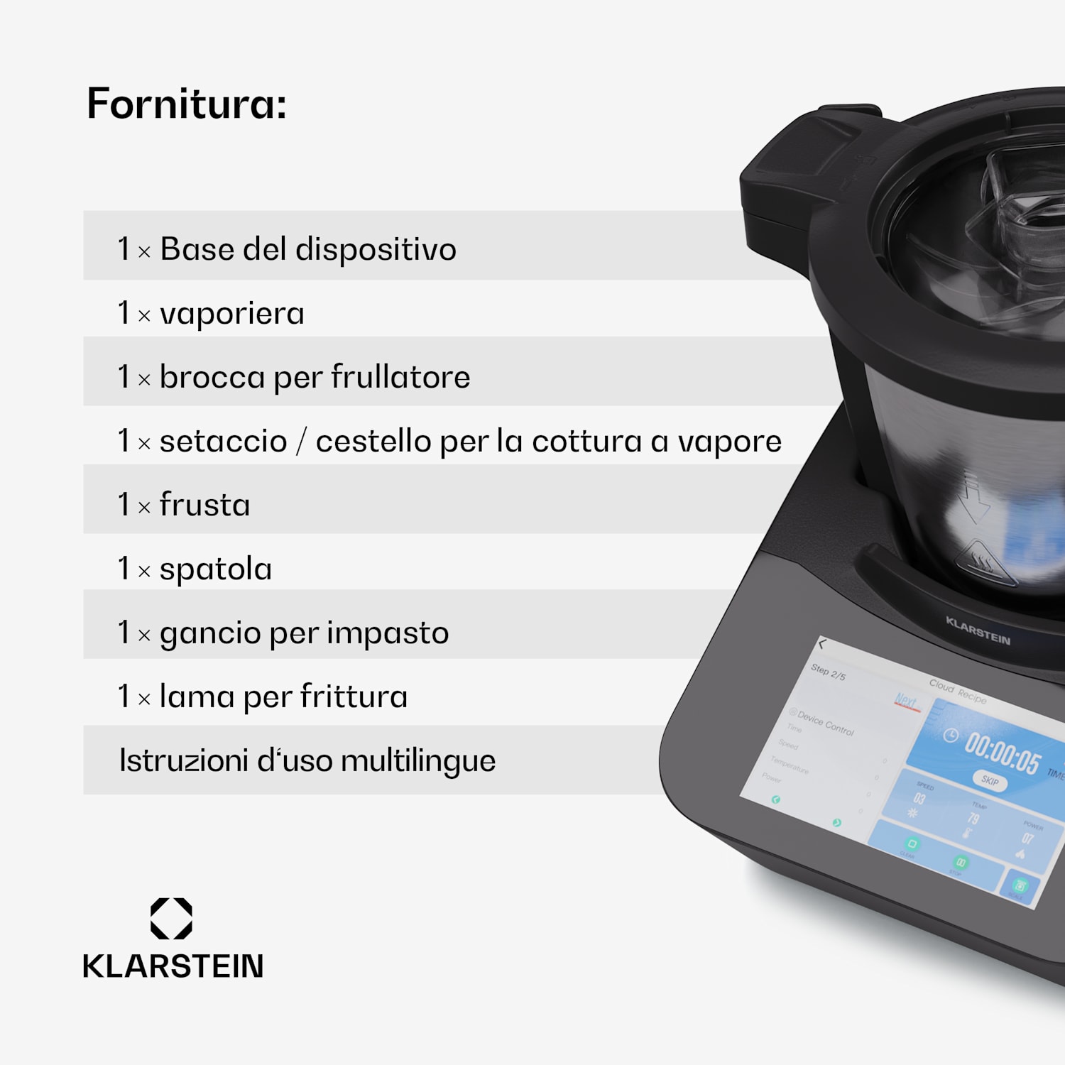 Aria Grande - Robot da cucina, 1700 watt, 4,7 L, controllo tramite app, attacco per cottura al vapore, display TFT da 7" 