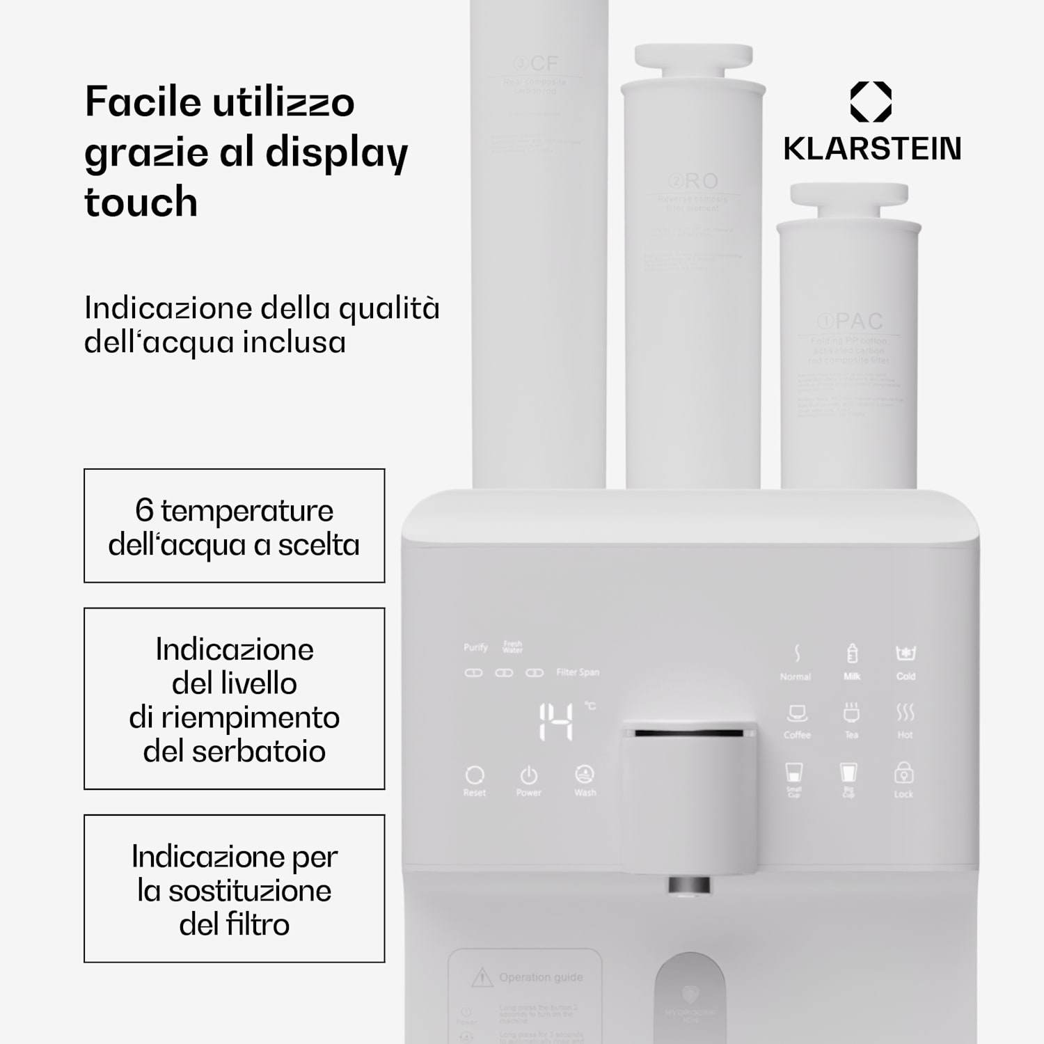 AquaFina 6L - Depuratore d'acqua, filtrazione a 5 livelli, schermo touch HD, 6 temperature, 6 litri di capacità, arricchimento dell'acqua, bianco Bianco