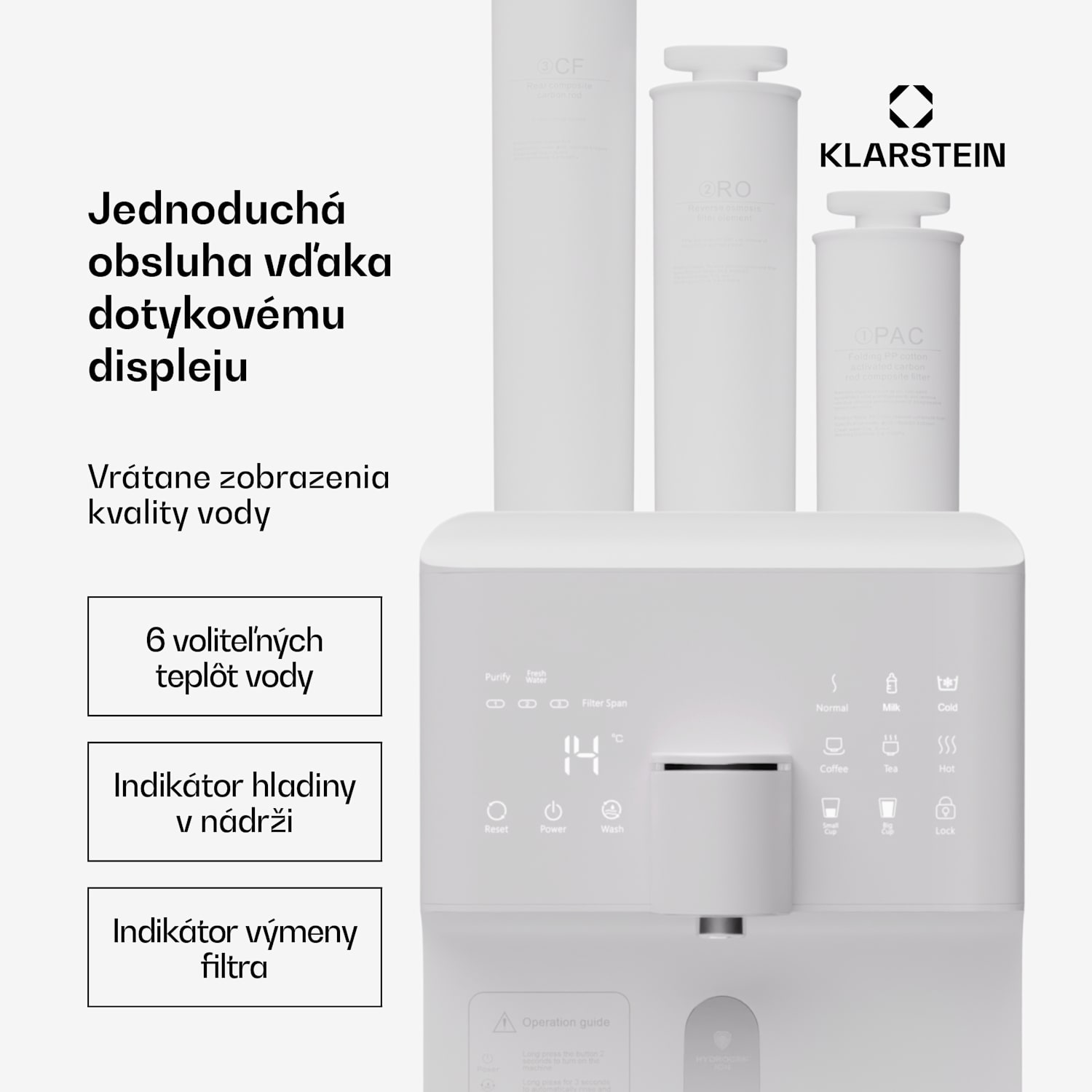 AquaFina 6L, čistička vody, 5-stupňová filtrácia, objem 6 l, HD dotykový displej, 6 teplôt vody, biela Biela