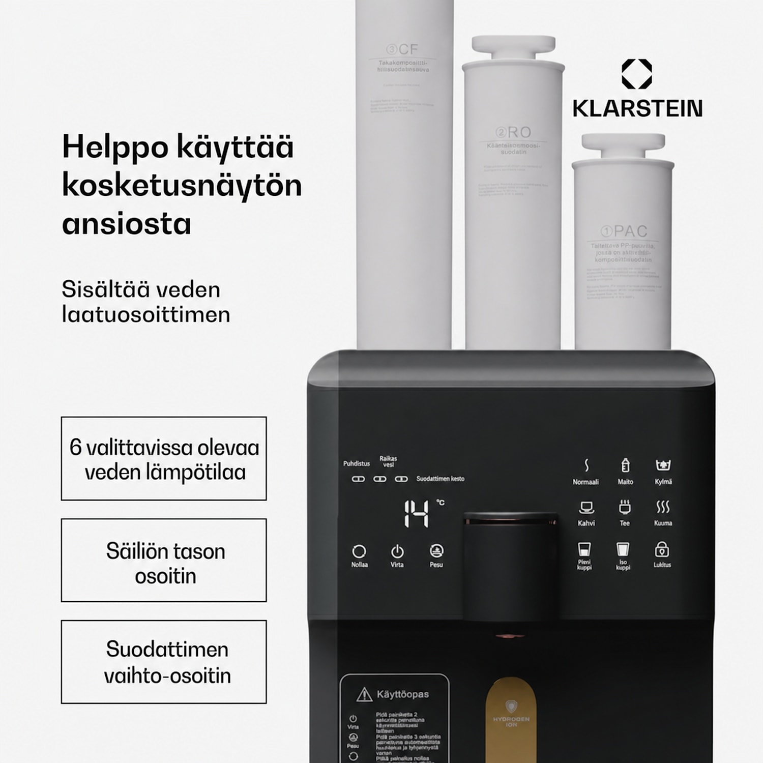 AquaFina 6L vedenpuhdistin 5-portainen suodatus HD-kosketusnäyttö 6 lämpötilaa 6 l tilavuus vetyrikastus musta Musta