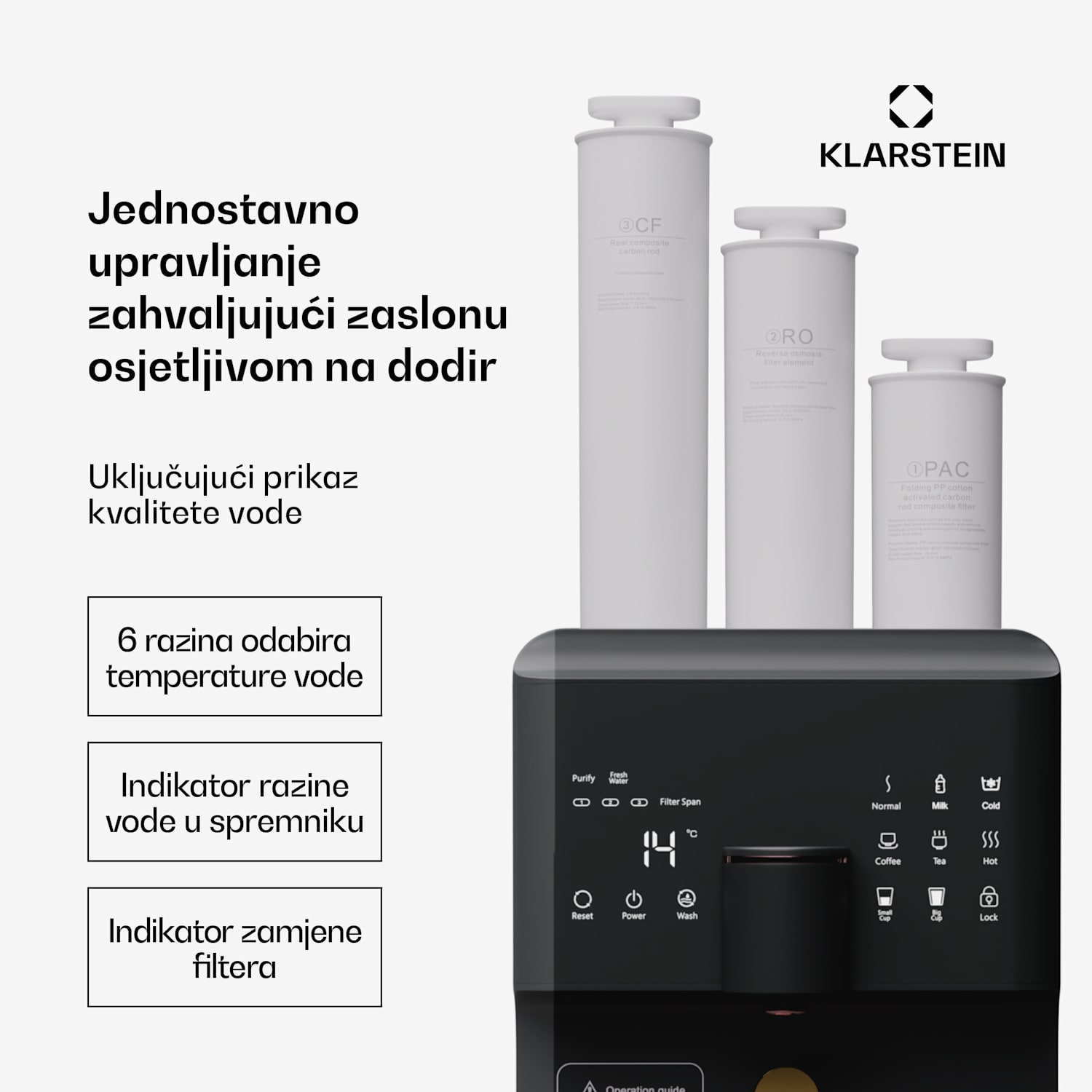 AquaFina 6L, pročistač vode, filtracija u 5 stupnjeva, volumen 6 l, HD zaslon osjetljiv na dodir, 6 temperatura vode, crno Crna