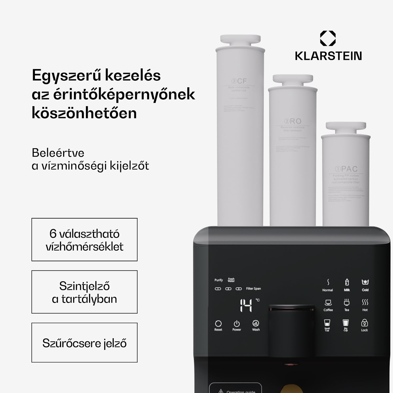 AquaFina 6L, víztisztító, 5 fokozatú szűrés, 6 l térfogat, HD érintős kijlező, 6 vízhőmérséklet, fekete Fekete