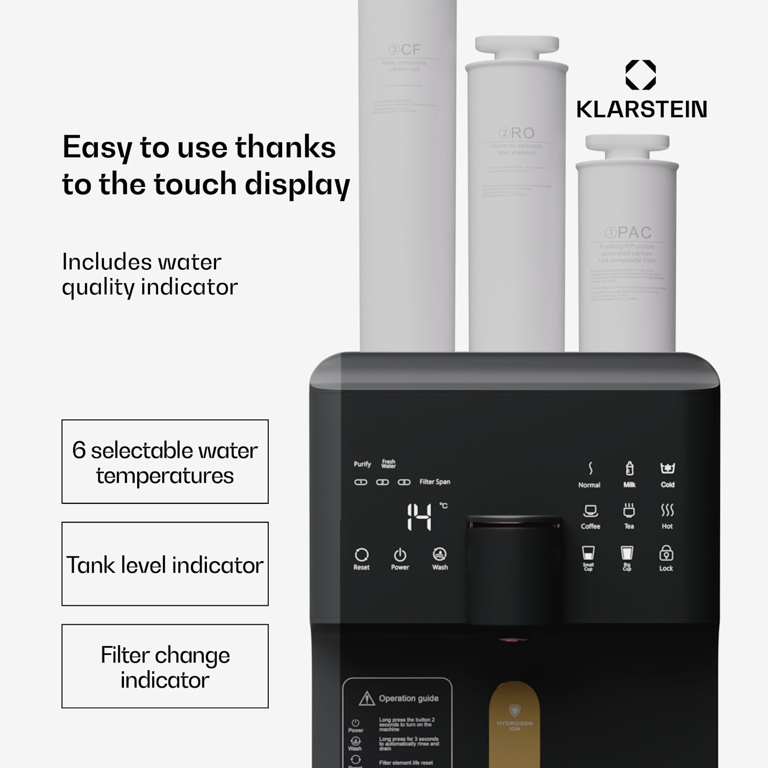AquaFina 6L vedenpuhdistin 5-portainen suodatus HD-kosketusnäyttö 6 lämpötilaa 6 l tilavuus vetyrikastus musta Musta