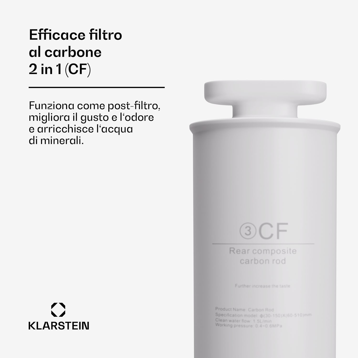 Klarstein AquaFina - Filtro CF, sistema filtrante 2 in 1, depurazione d'acqua, filtro a carboni attivi 