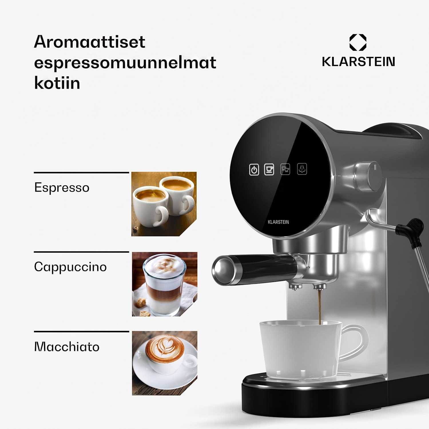 Furore espressokeitin ruostumaton teräs kompakti 20 baaria diginäyttö 2 kupille Hopea