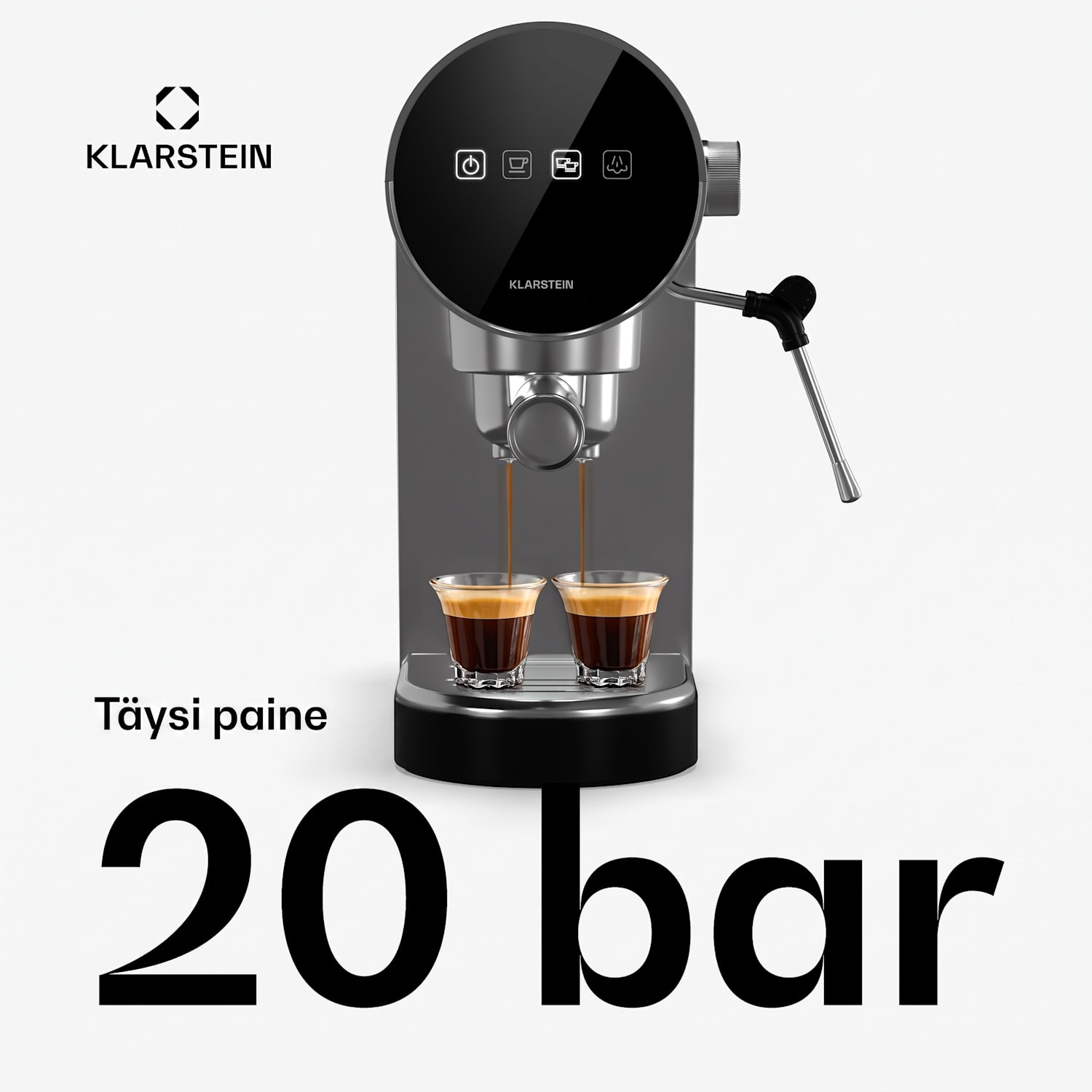 Furore espressokeitin ruostumaton teräs kompakti 20 baaria diginäyttö 2 kupille Hopea