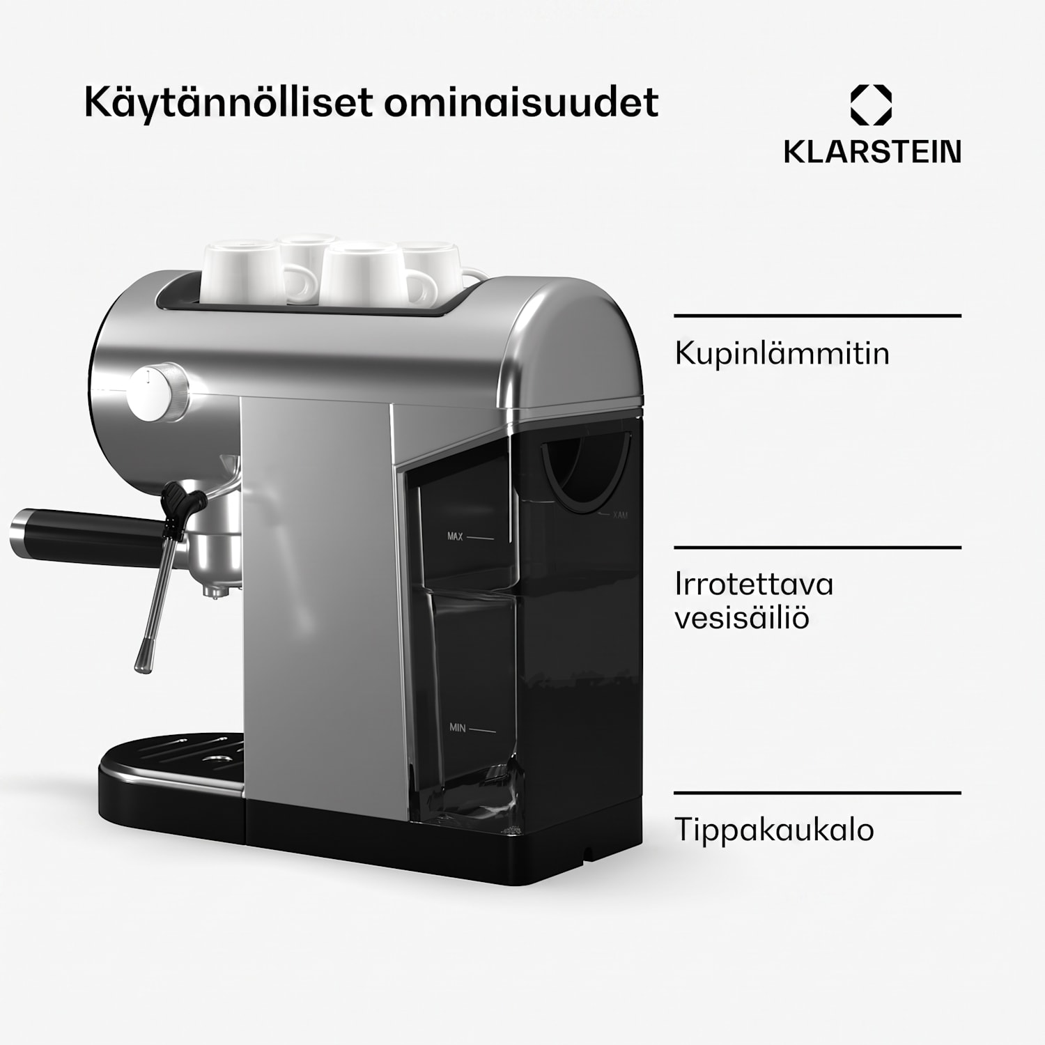 Furore espressokeitin ruostumaton teräs kompakti 20 baaria diginäyttö 2 kupille Hopea