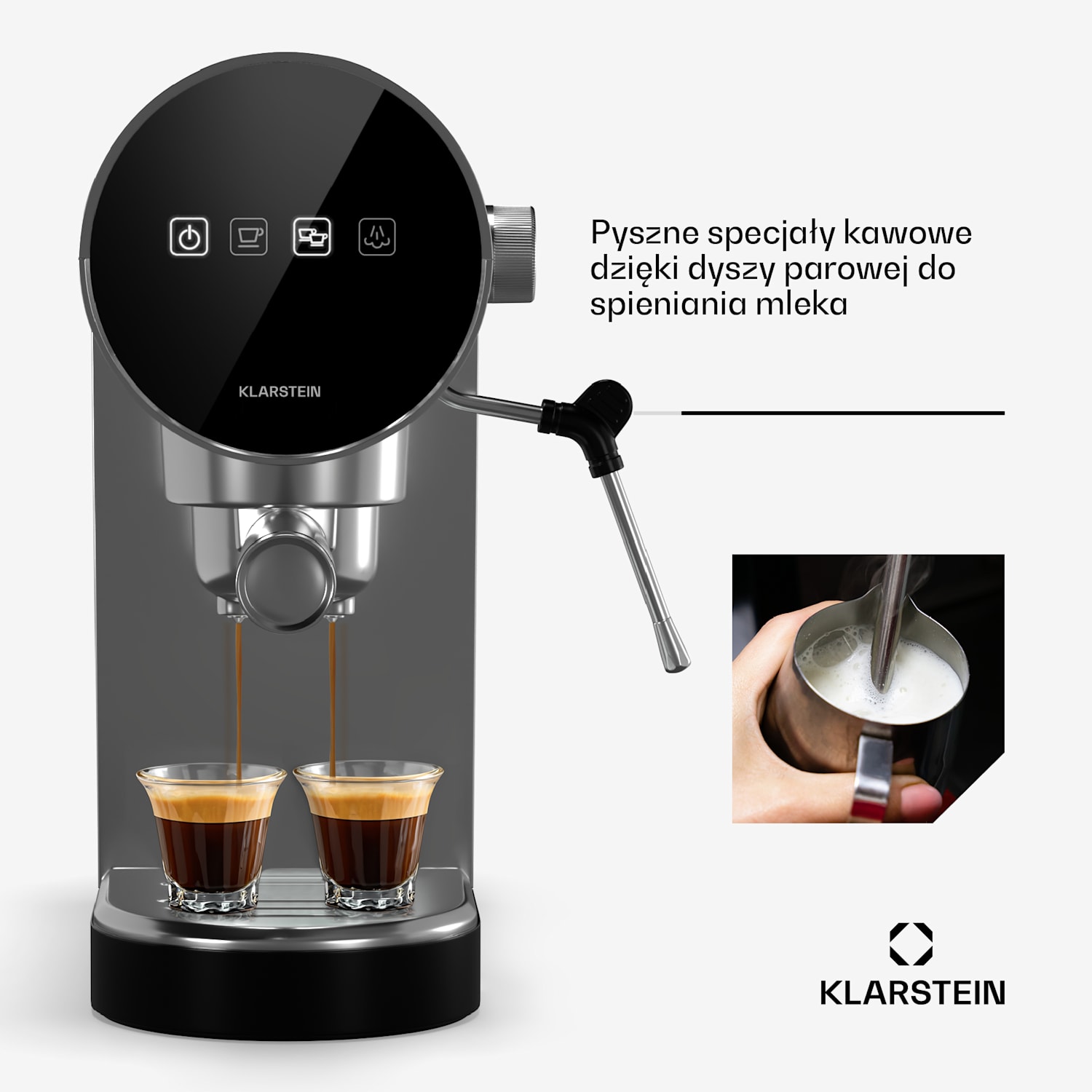 Furore, ekspres kolbowy do kawy, kompaktowy, 20 bar, cyfrowy wyświetlacz, 2 filiżanki, stal nierdzewna Srebrny