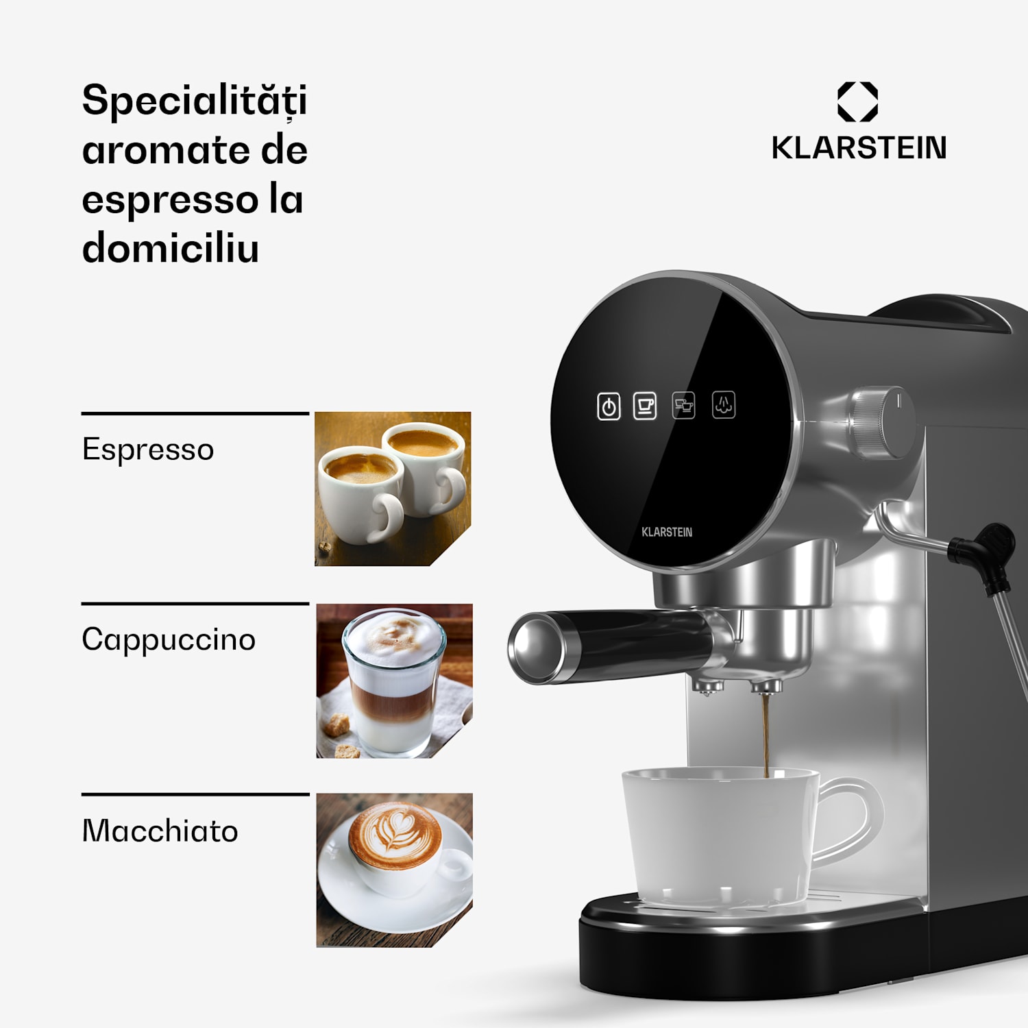 Furore, aparat pentru espresso din oțel inoxidabil, compact, 20 bar, afișaj digital, 2 cești Argintiu