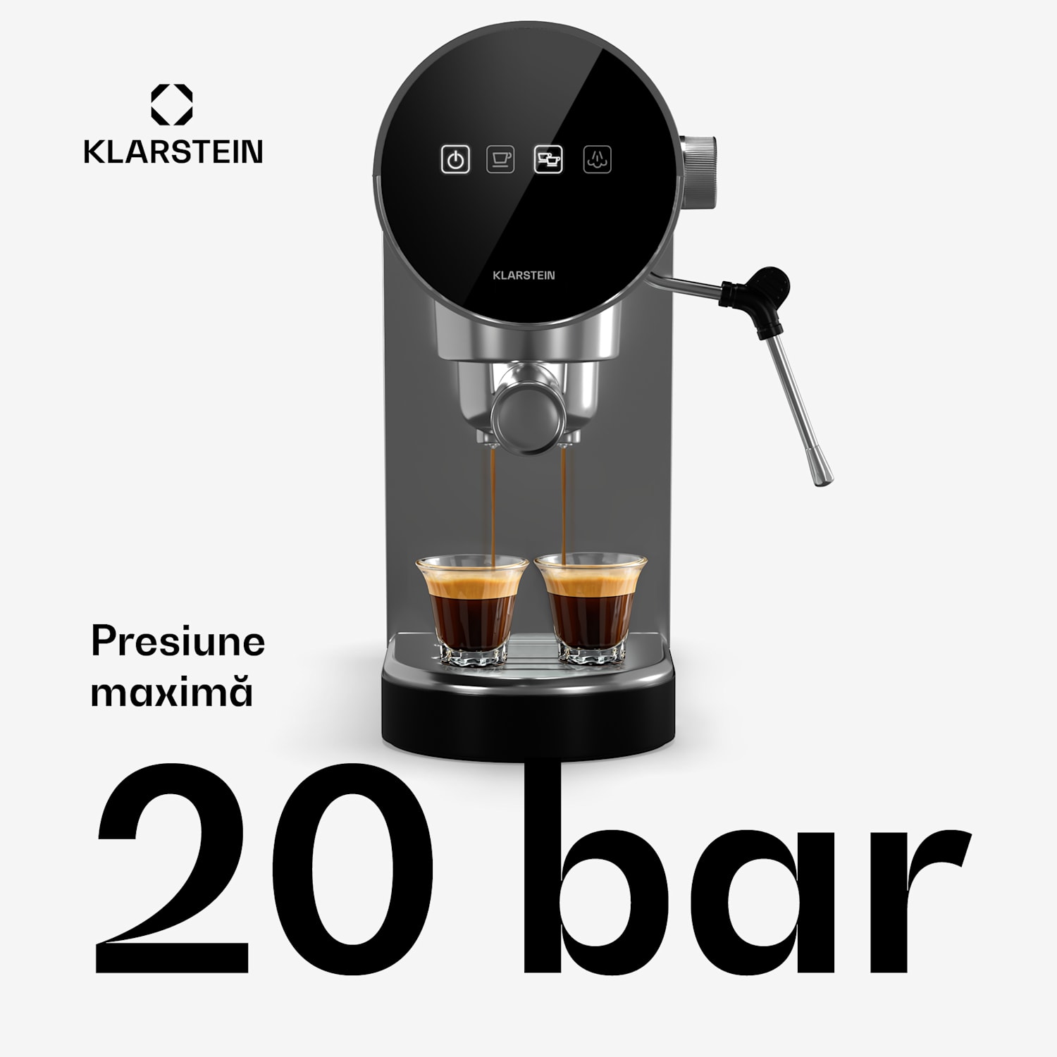 Furore, aparat pentru espresso din oțel inoxidabil, compact, 20 bar, afișaj digital, 2 cești Argintiu