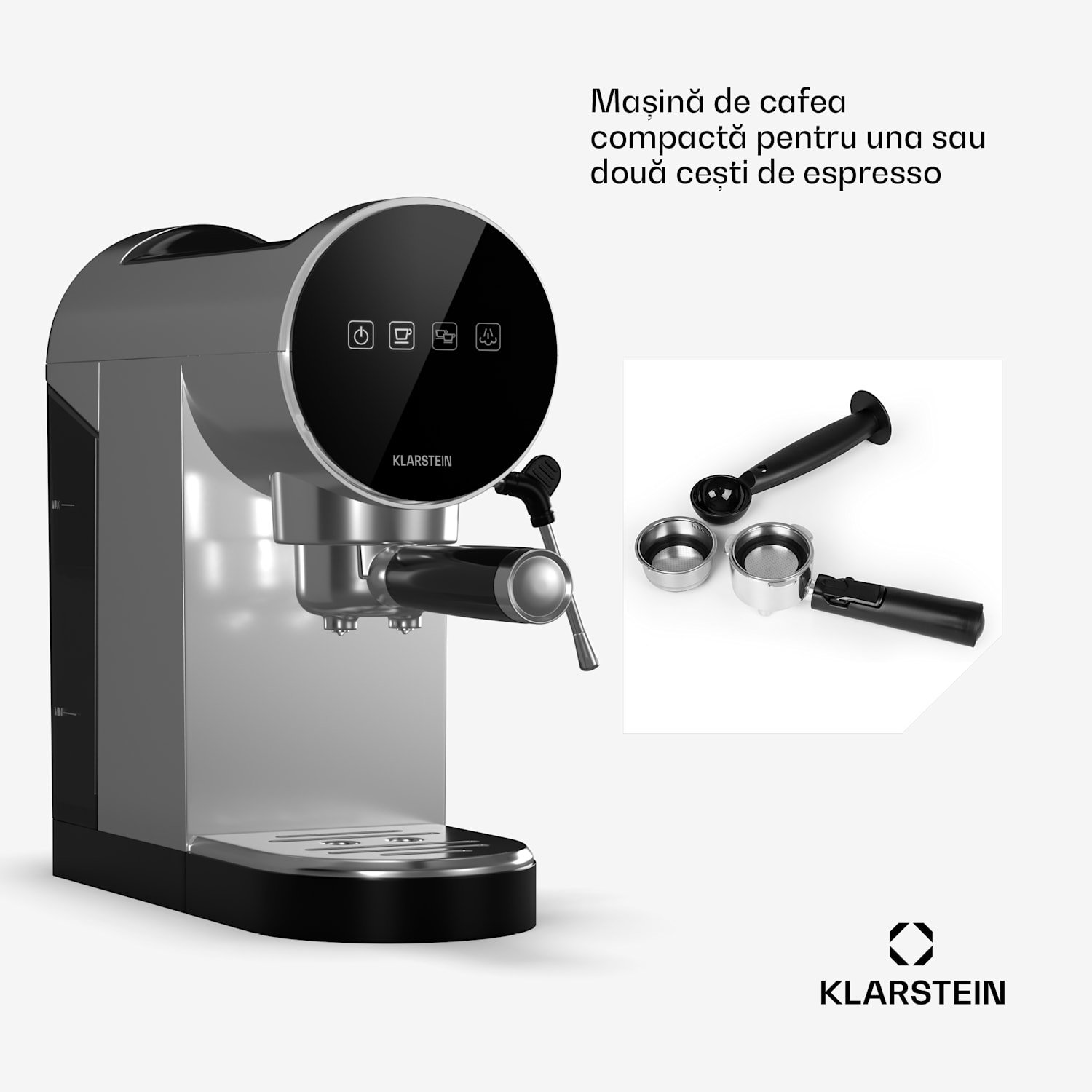 Furore, aparat pentru espresso din oțel inoxidabil, compact, 20 bar, afișaj digital, 2 cești Argintiu