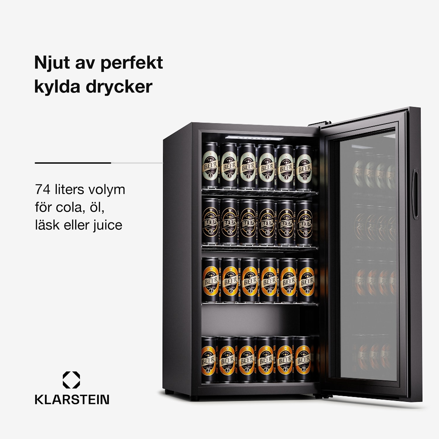 Beersafe 74 Slim Kylskåp 74 liter 3 hyllplan panoramaglasdörr 74 L | E | Svart | Svart