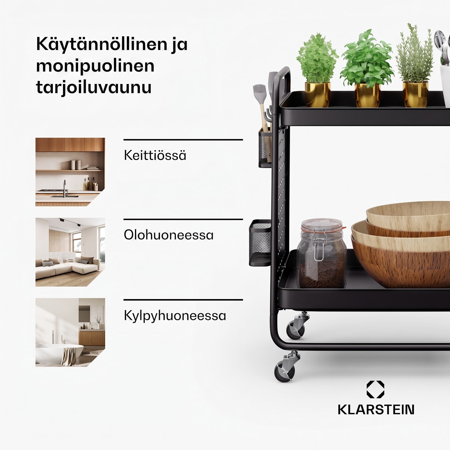 Chibi tarjoiluvaunu järjestelyvaunu 2 hyllyä metallia korit koukut liikuteltava Musta