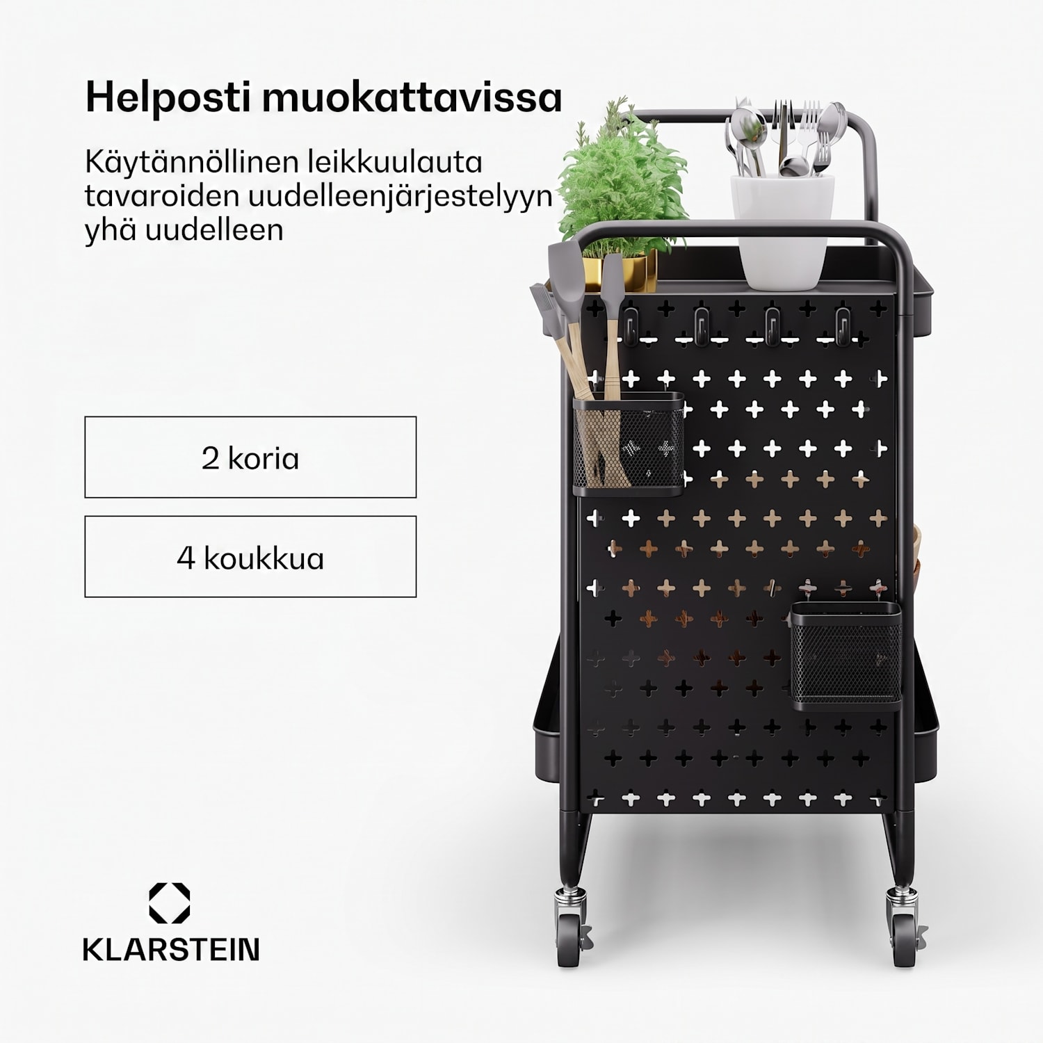 Chibi tarjoiluvaunu järjestelyvaunu 2 hyllyä metallia korit koukut liikuteltava Musta