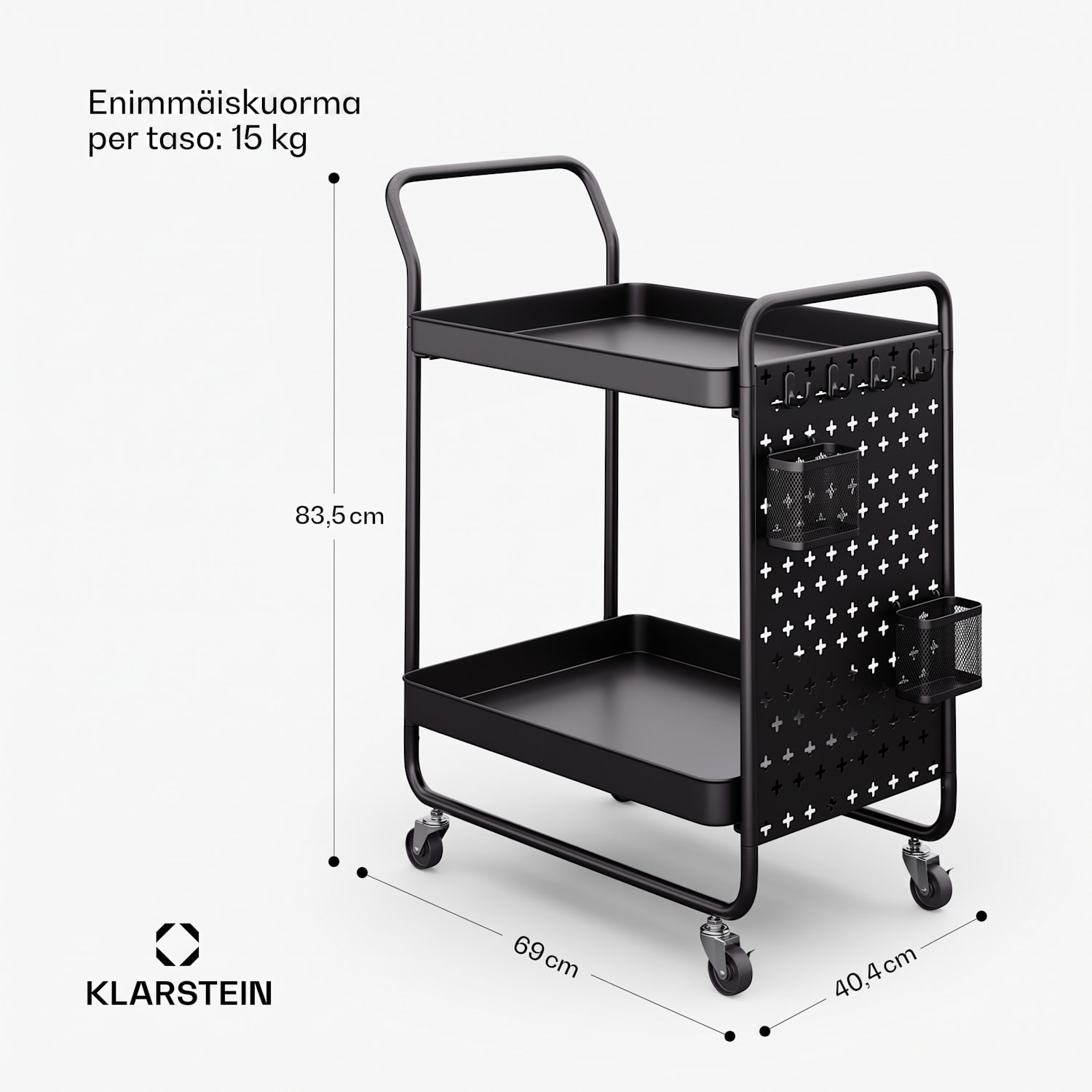 Chibi tarjoiluvaunu järjestelyvaunu 2 hyllyä metallia korit koukut liikuteltava Musta