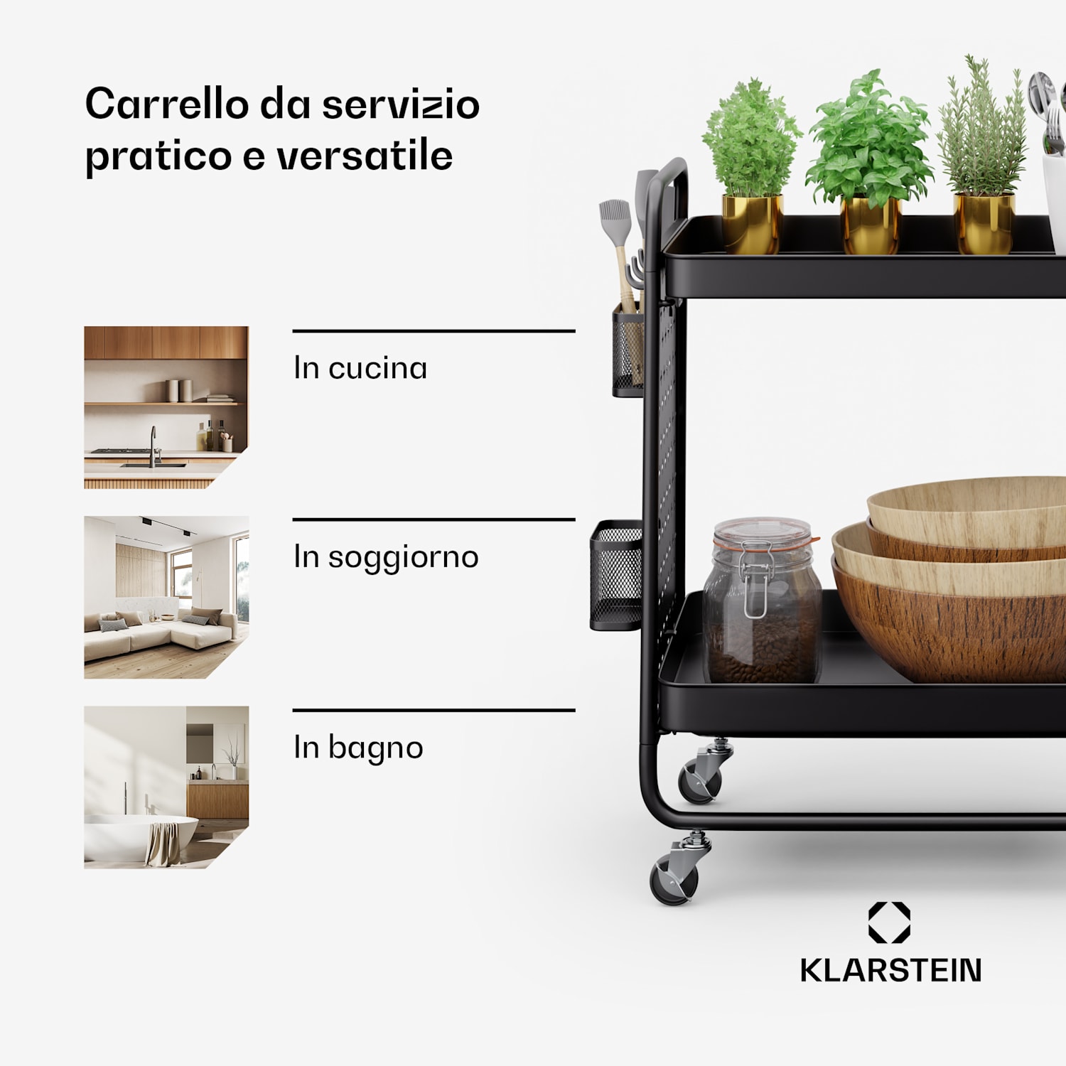 Carrello di servizio Chibi, 2 ripiani, cestini e ganci in metallo, mobile Nero