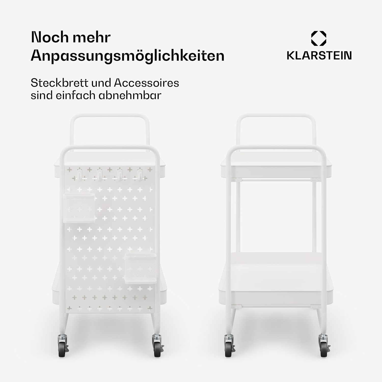 Chibi Carrello di servizio, carrello multiuso, 2 livelli, metallo, cestelli, ganci, mobile Bianco