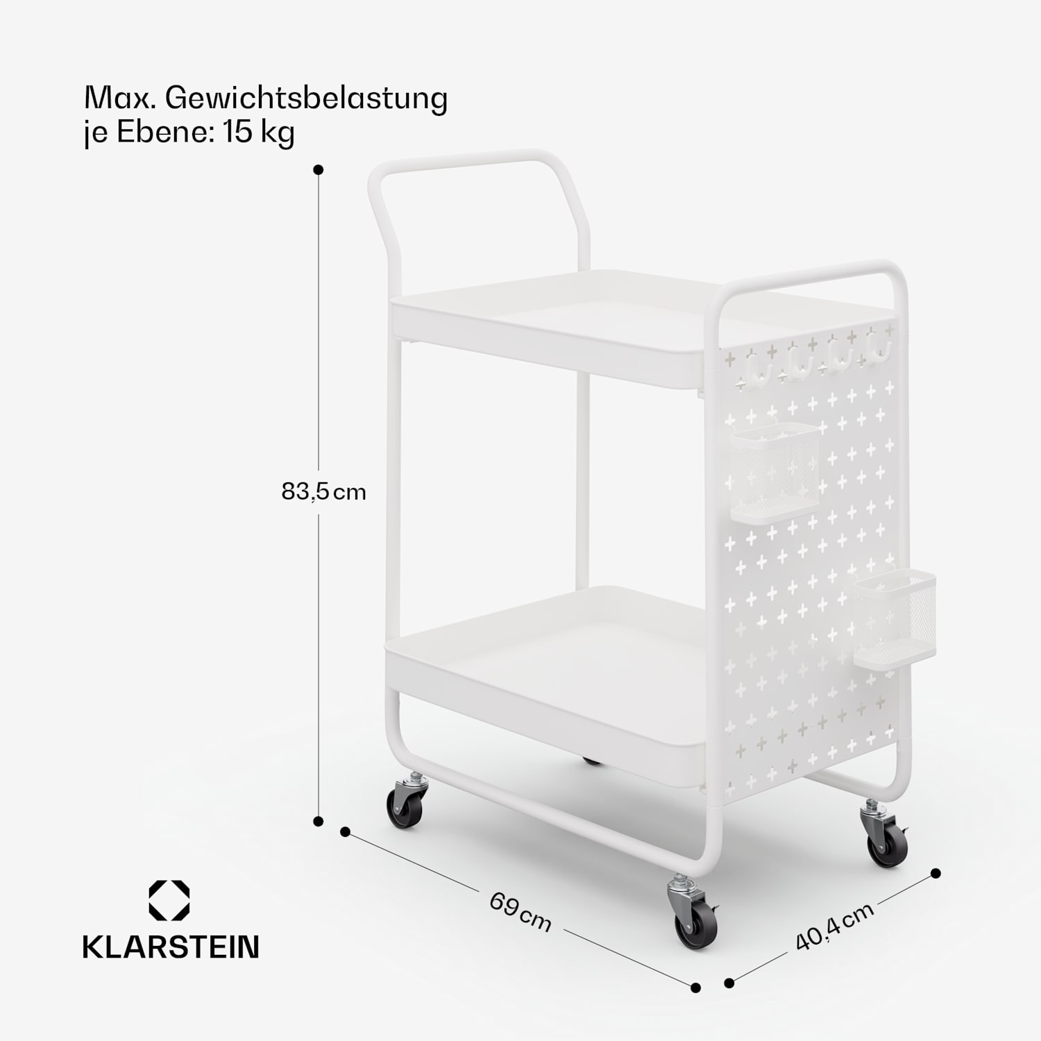 Chibi Carrello di servizio, carrello multiuso, 2 livelli, metallo, cestelli, ganci, mobile Bianco