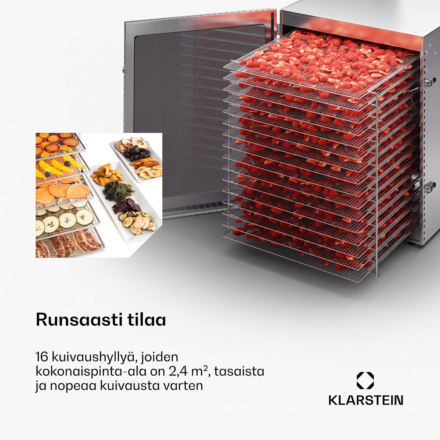 Captain Jerky 160 kuivauslaite 1500W 30-90 °C 24h-ajastin ruostumatonta terästä 16 tasoa