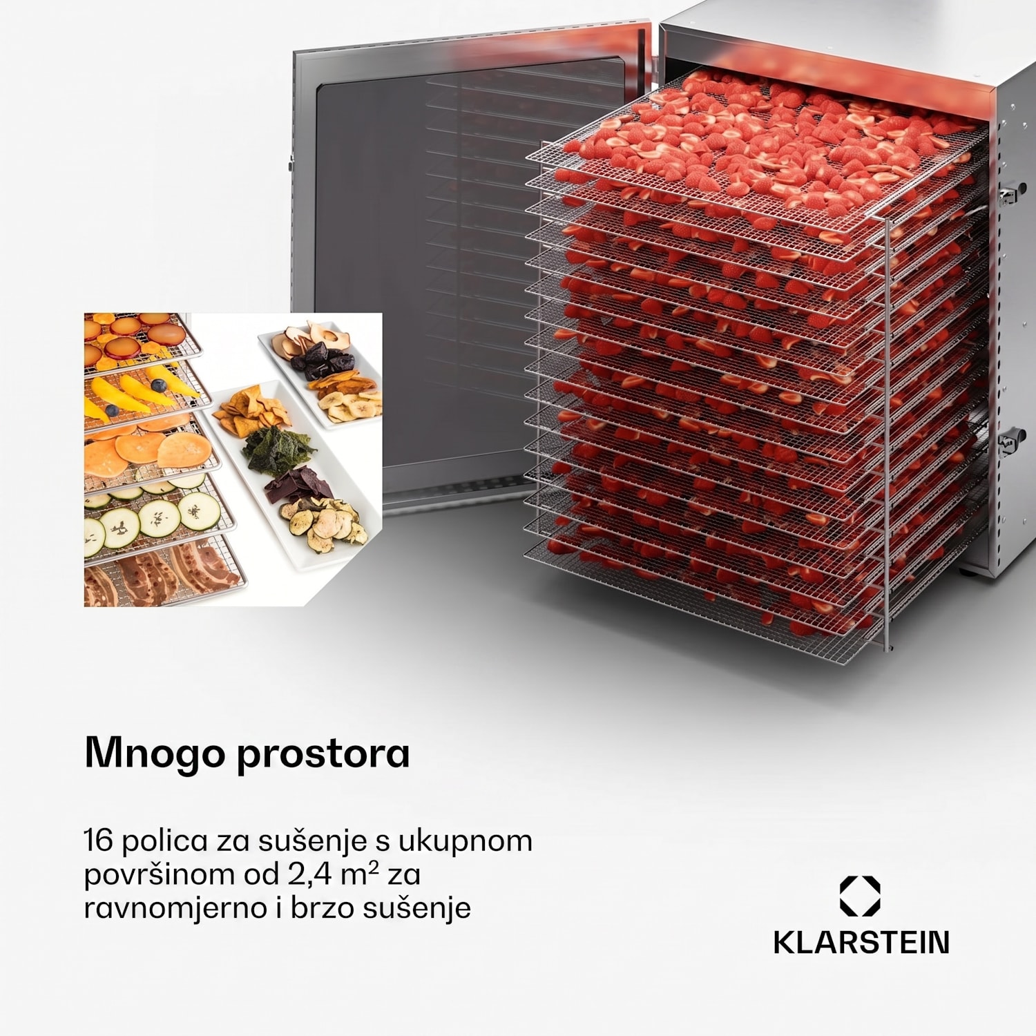 Captain Jerky 160, dehidrator, 1500 W. 30-90 °C. 24-satni tajmer, nehrđajući čelik 16 faza