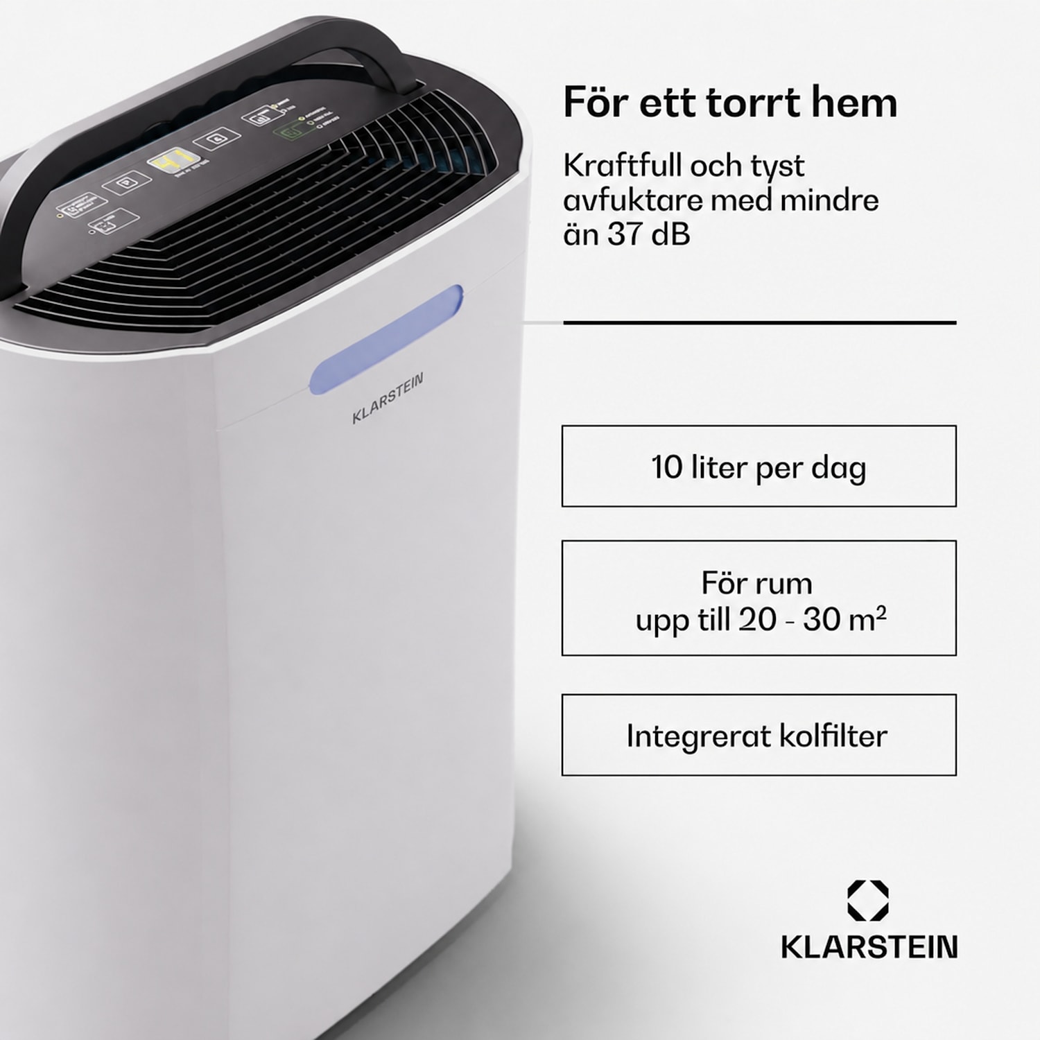AeroDry 10 Avfuktare 165 W 10 l/d 135 m³/h 25 m² DrySelect 37 dB 10 L / 24 h | Vit | Nej